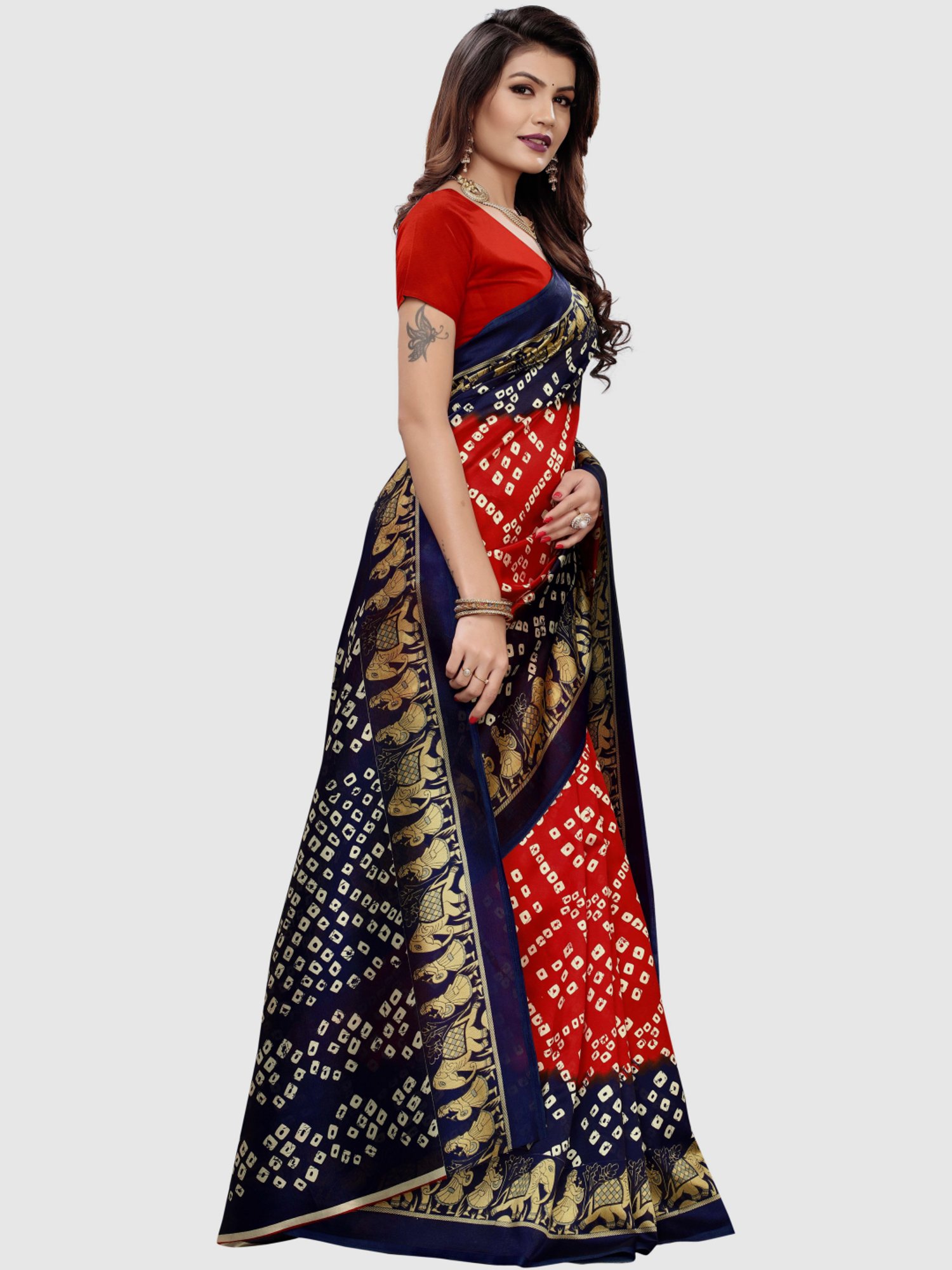 KSUT Navy & Red Printed Saree With Blouse