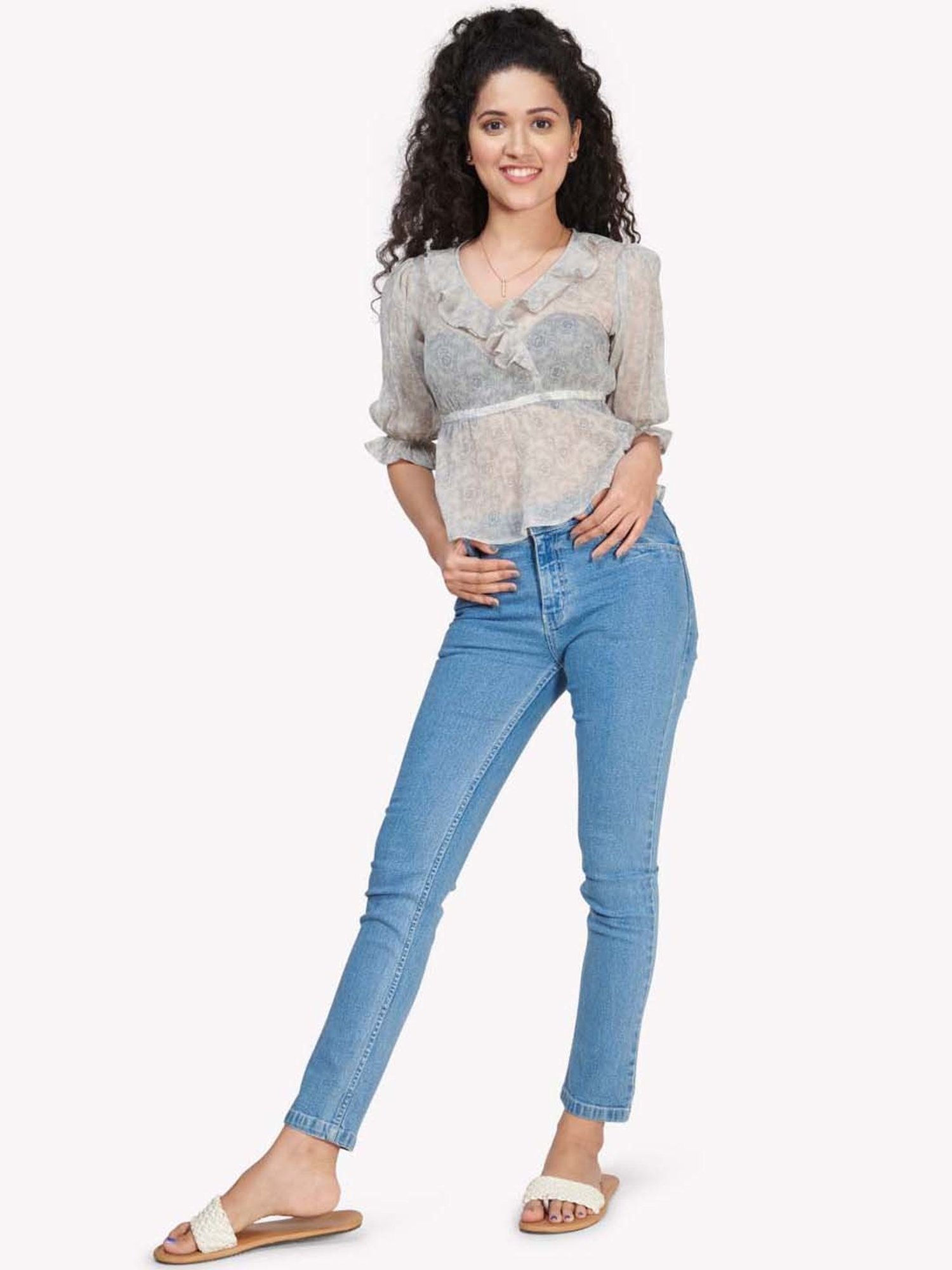 VASTRADO Grey Cotton Printed Top