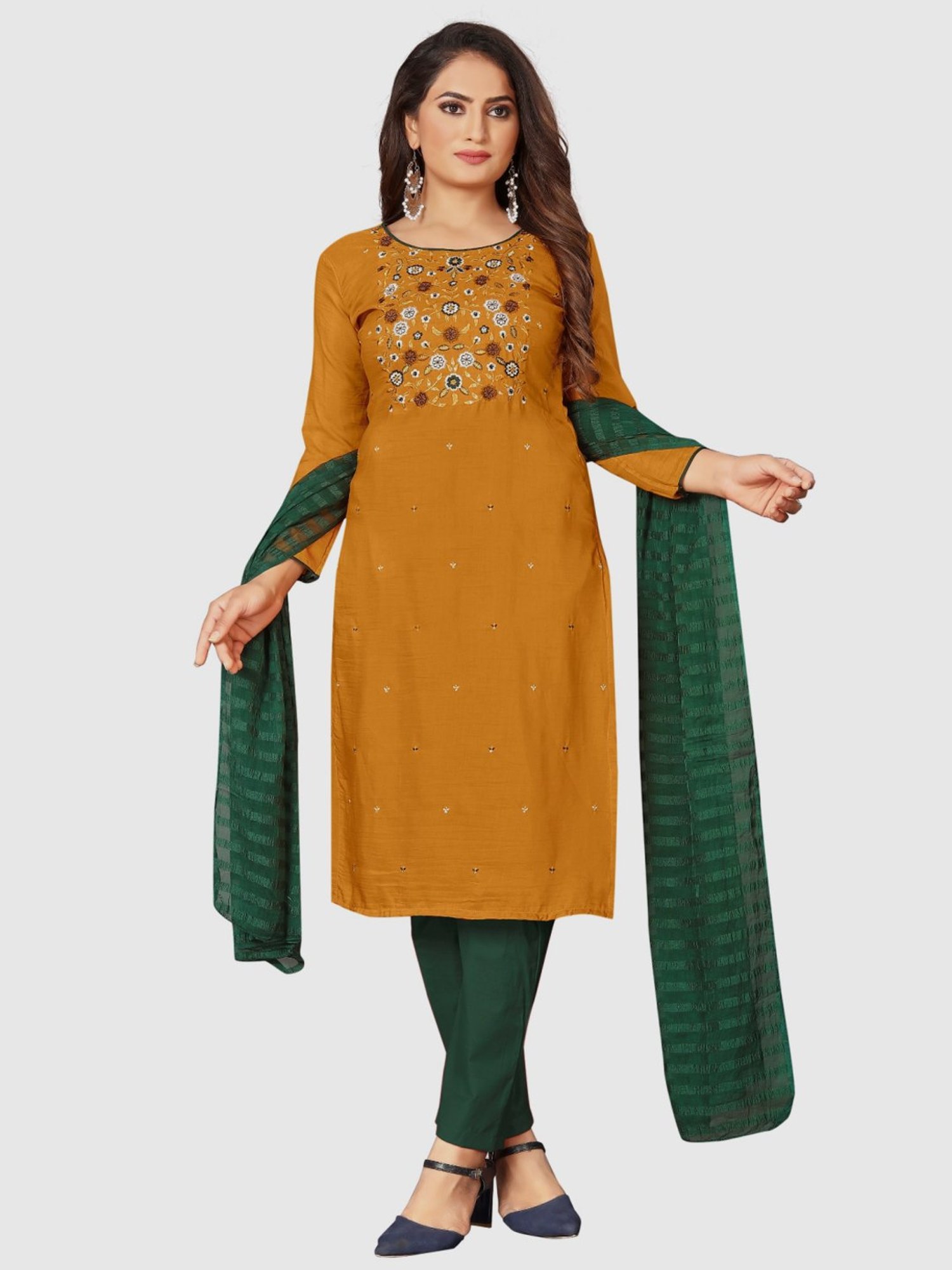 APNISHA Mustard Cotton Embroidered Unstitched Dress Material