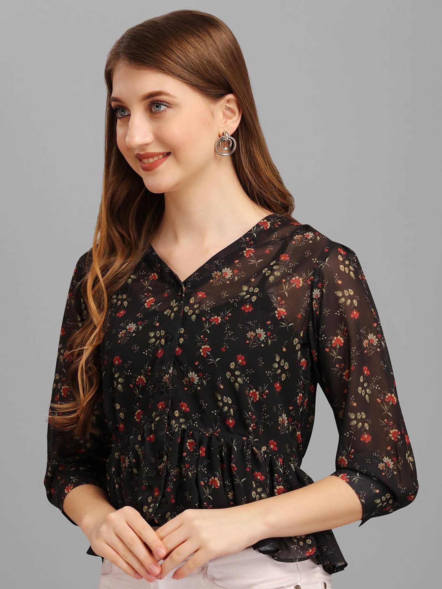 MASAKALI.CO Black Floral Print Peplum Top
