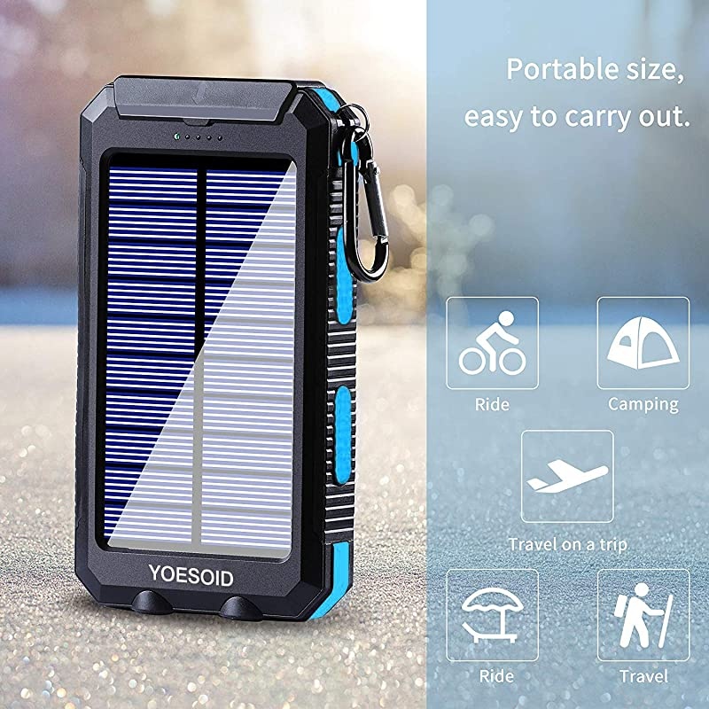 Solar Charger 20000mAh  Portable Outdoor Waterproof Solar Power Bank Camping External Battery Packs with Dual USB Output 2 Led Light Flashlight Compatible Most Smart Phones and Tablets(Blue)