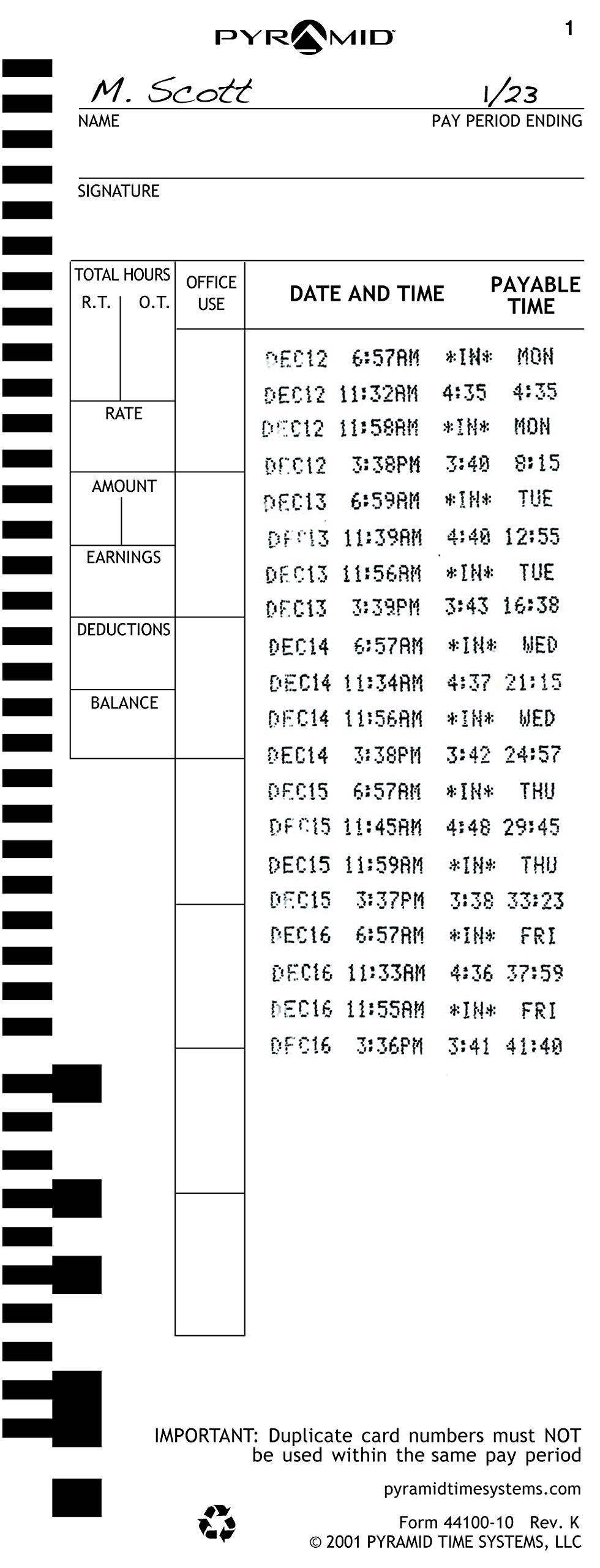 Pyramid Time Systems, 44100-10MB, 1,000 Count Genuine and Authentic Time Cards for 4000, 4000Pro, 4000ProK and 5000 Series Time Clocks from Pyramid, Time Cards