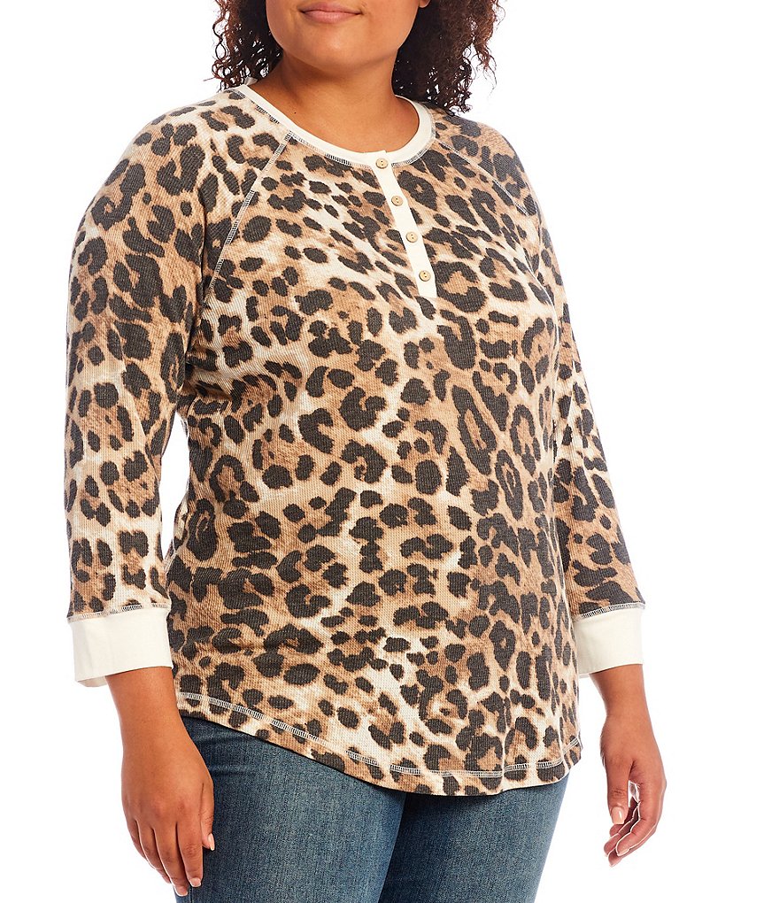 Democracy Plus Size Floral Print 3/4 Puff Sleeve V-Neck Knit Top
