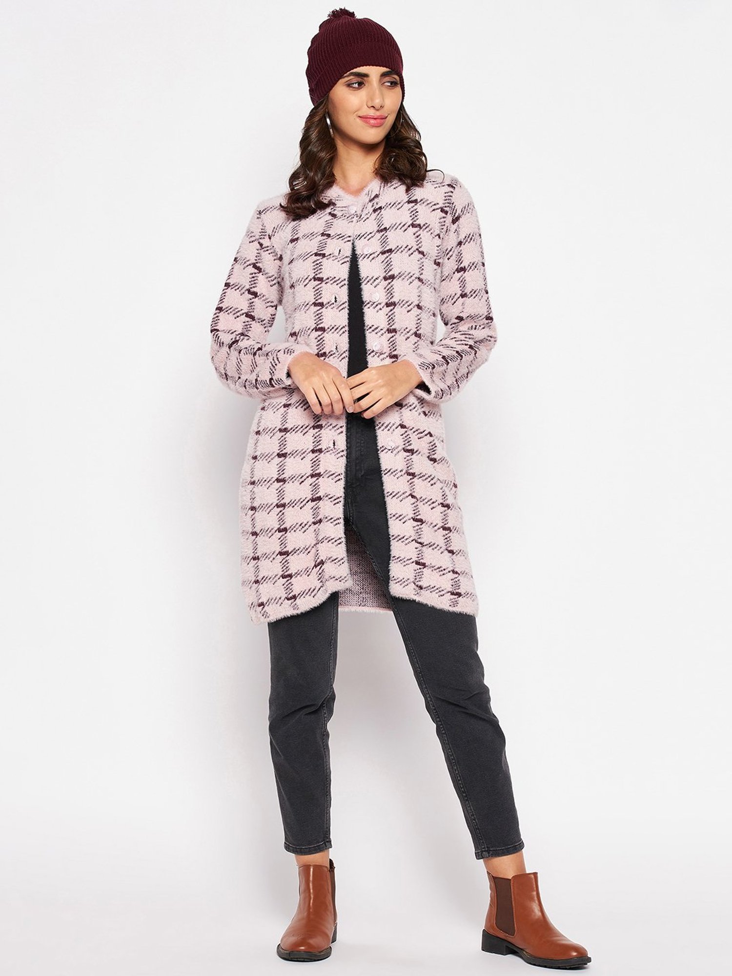 Crozo By Cantabil Pink Check Cardigans