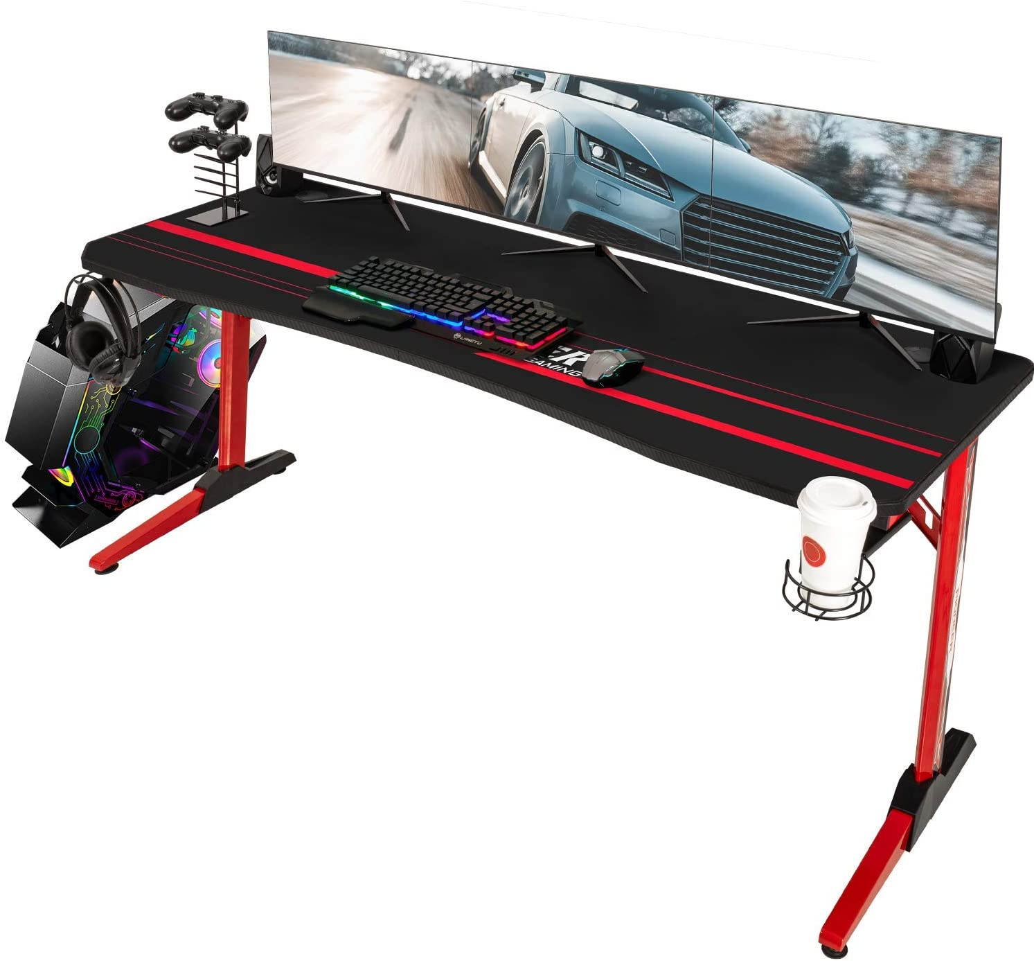 Devoko 63 Inch Gaming Desk T-Shaped PC Computer Table with Free Mouse Pad Carbon Fibre Surface Home Office Desk Gamer Table with Game Handle Rack Headphone Hook and Cup Holder (Red)