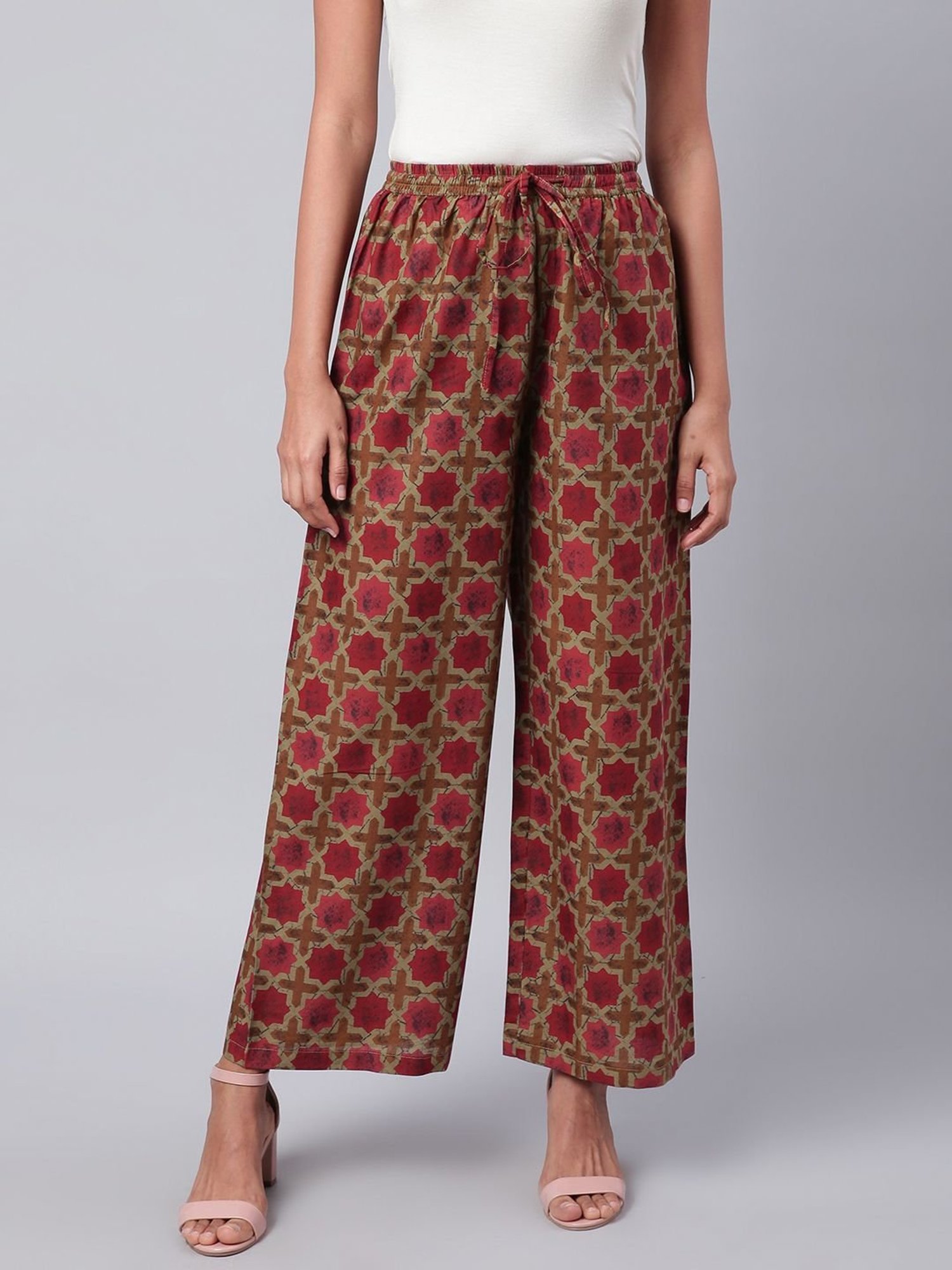 Sringam Coral & Beige Cotton Printed Palazzos