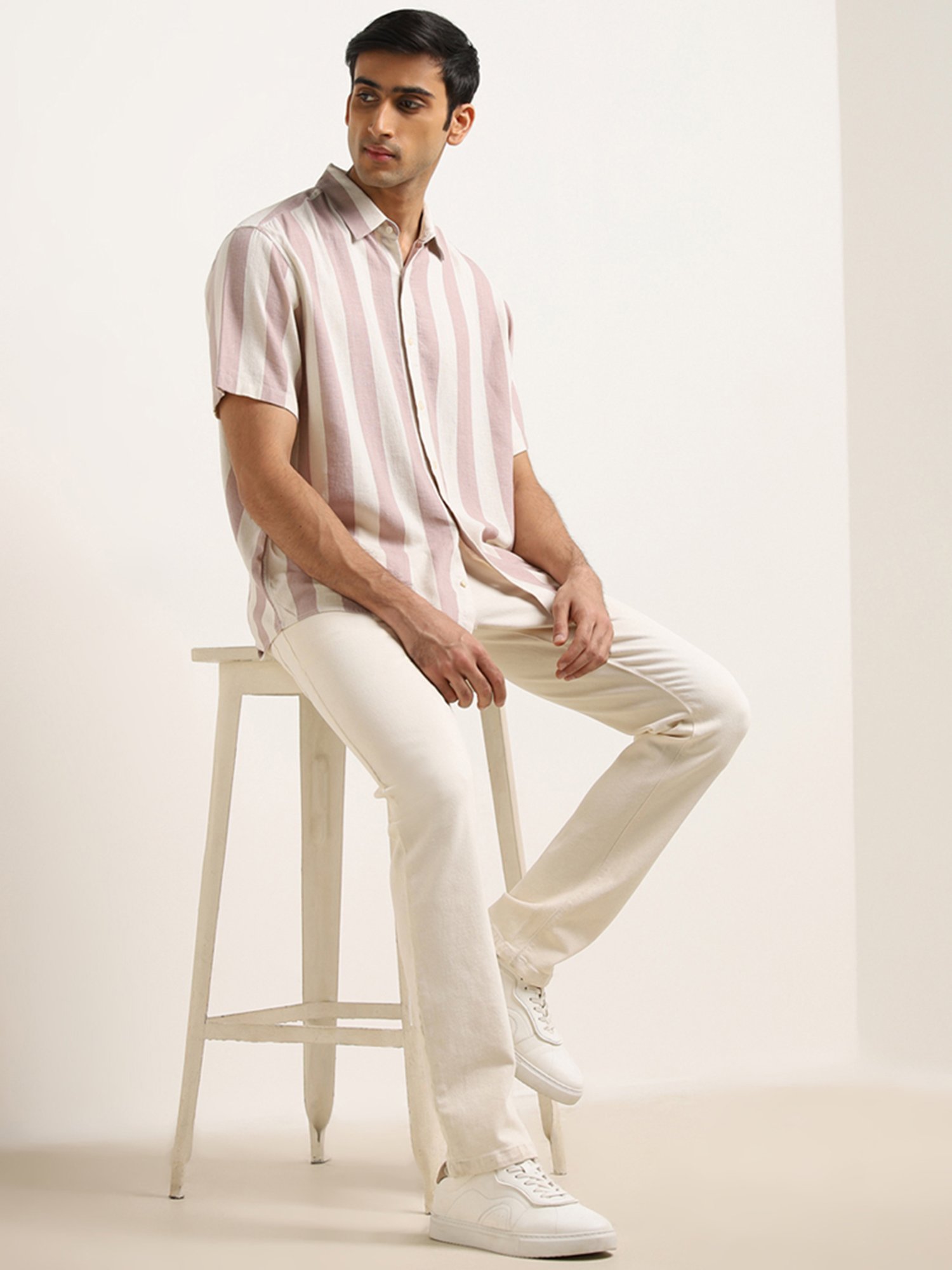 Ascot by Westside Dusty Pink Striped Relaxed-Fit Blended Linen Shirt