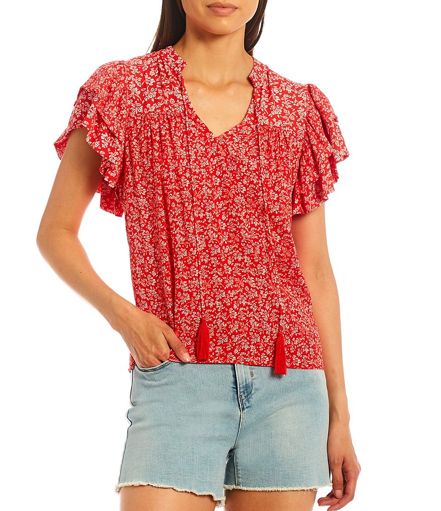 A Loves A Floral Print Ruffle Cap Sleeve Blouse