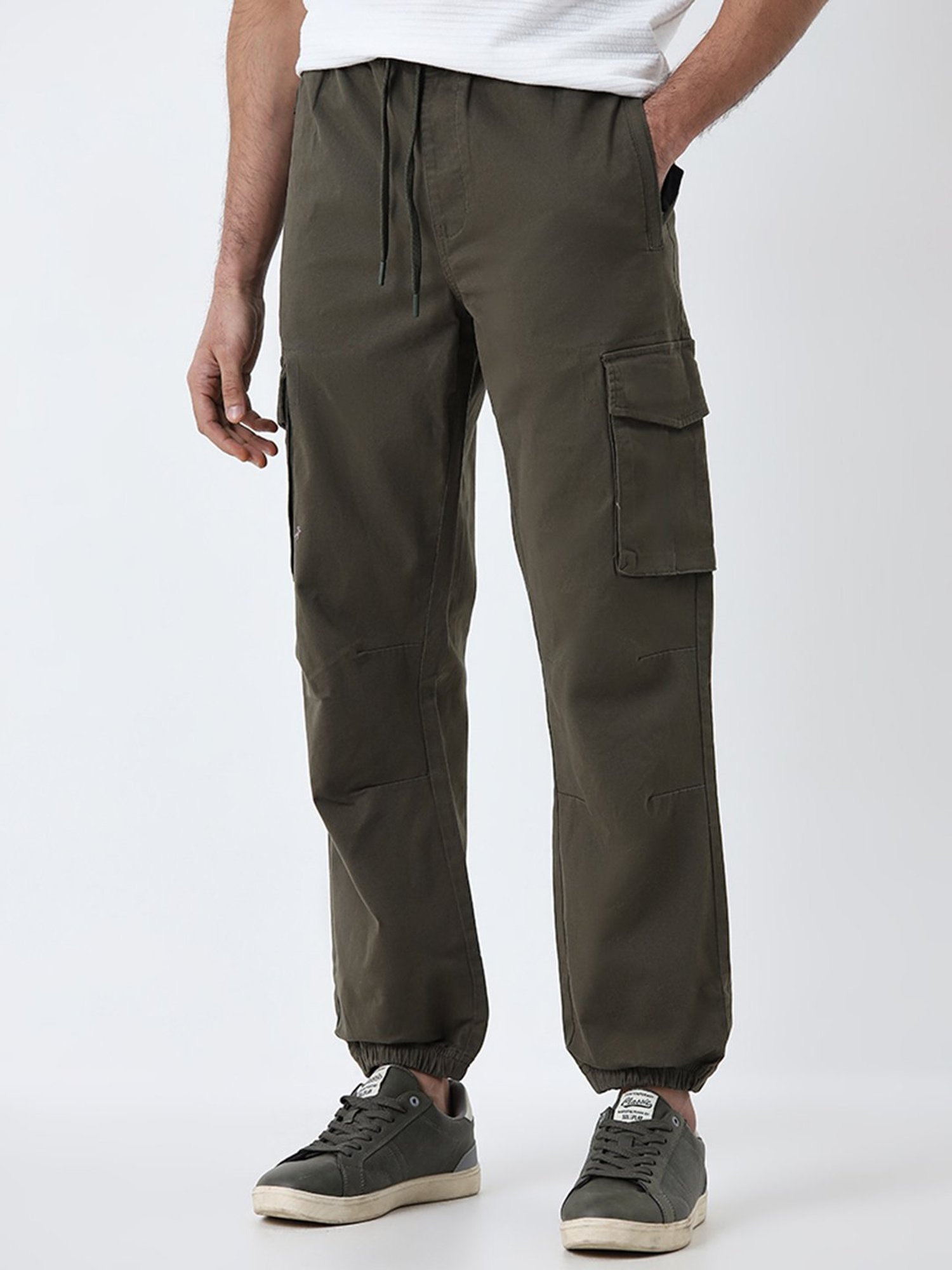 WES Casuals by Westside Olive Relaxed-Fit Mid-Rise Cotton Blend Joggers