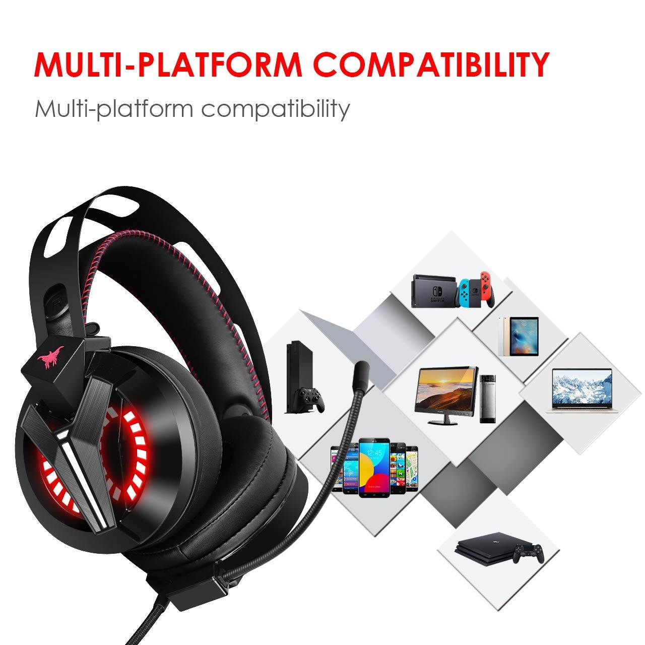 COMBATWING Lightning II Gaming Headset with Noise-Cancelling Mic&7.1 Surround Sound, Advanced Lightweight Headphones with Memory Earmuffs, LED Light, Mic/Volume Control for PS4, Xbox One, PC, Switch