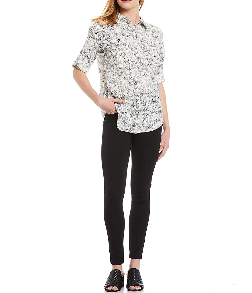 KARL LAGERFELD PARIS Whimsical Roll Tab Long Sleeve Point Collar Crepe Blouse