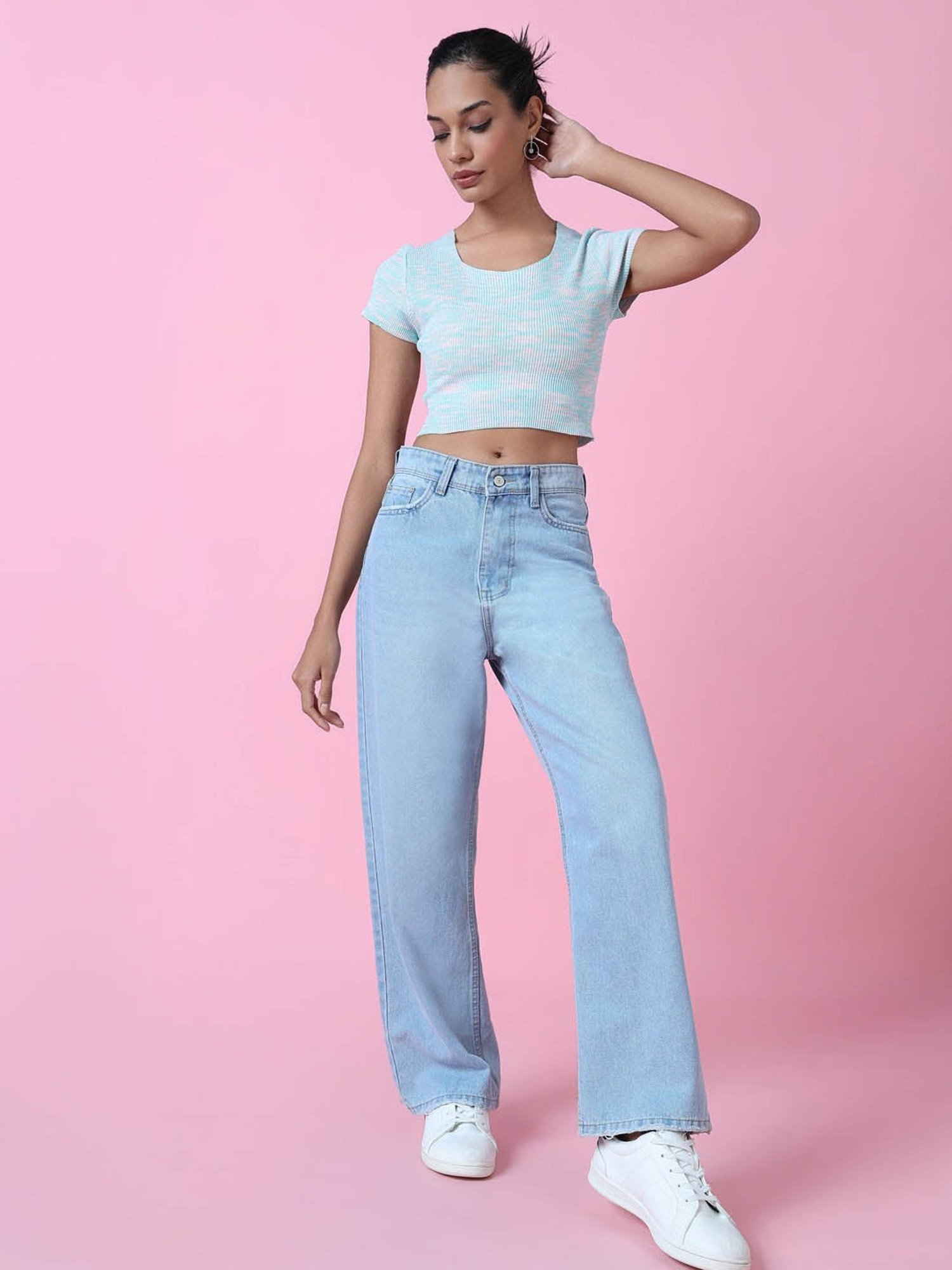 SHOWOFF Blue Textured Crop Top