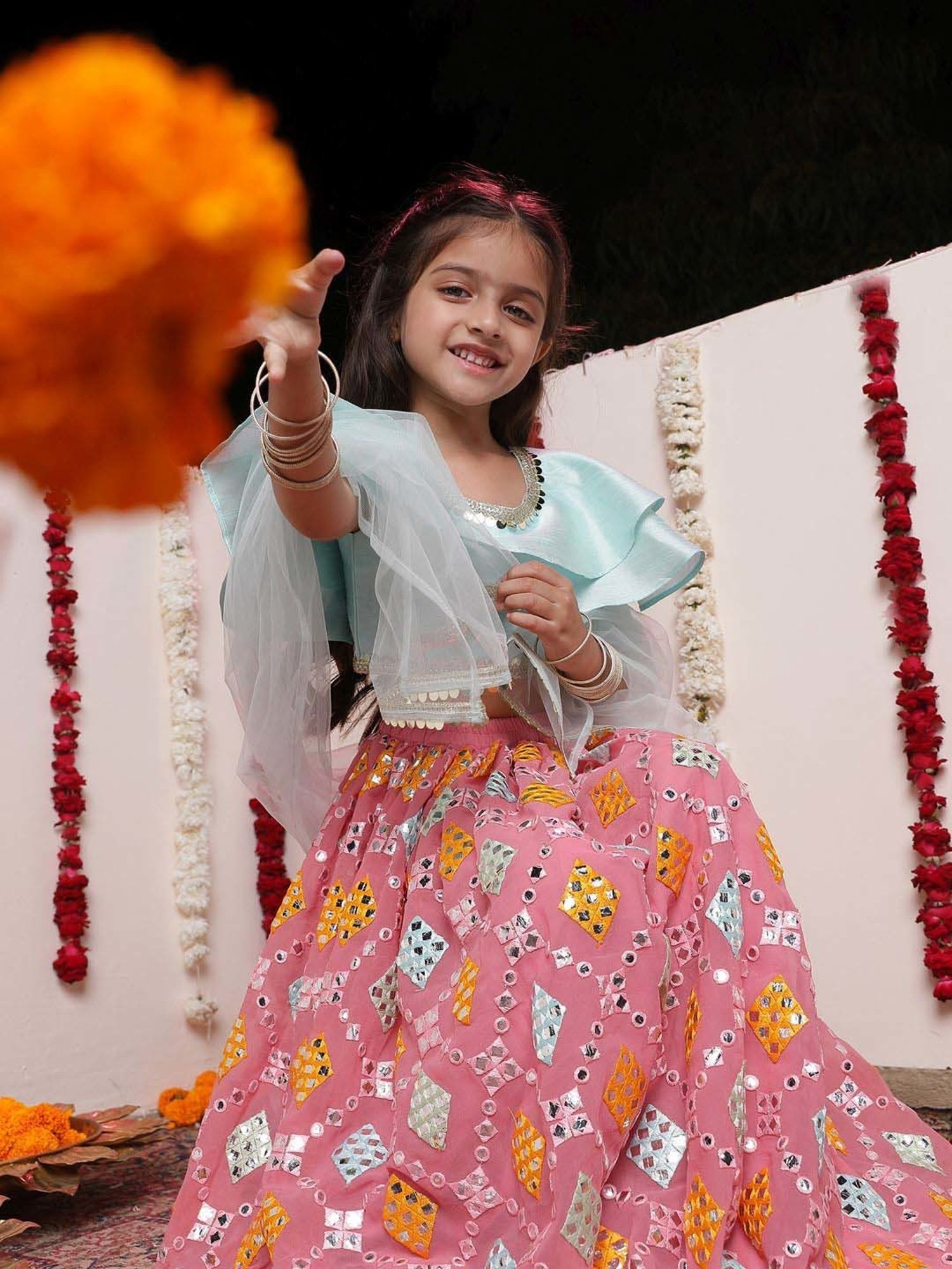 A Little Fable Kids Blue Printed Lehenga with Choli & Dupatta
