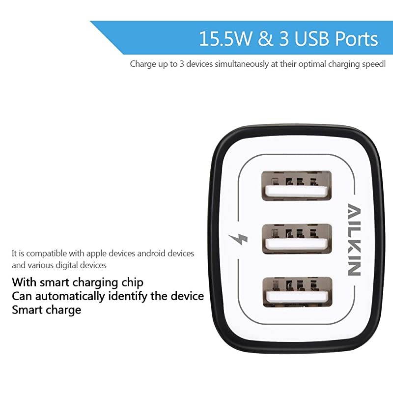 Wall Charger Plug  USB Plug Wall 3MultiPort Home Charger Station Cube Box Charger Outlet Base Brick Block Replacement for iPhone iPad and iWatch Charger Plug Black