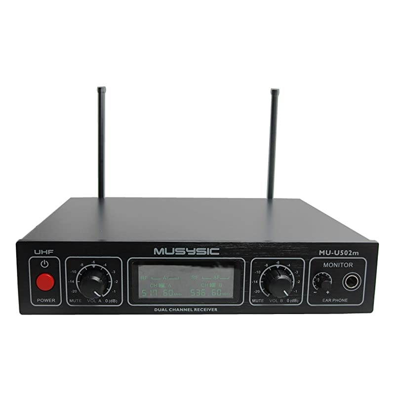MUU502mLL Professional Dual Channel UHF Lapel Lavalier Headset Wireless Microphone System with Monitor Output FCC Compliance