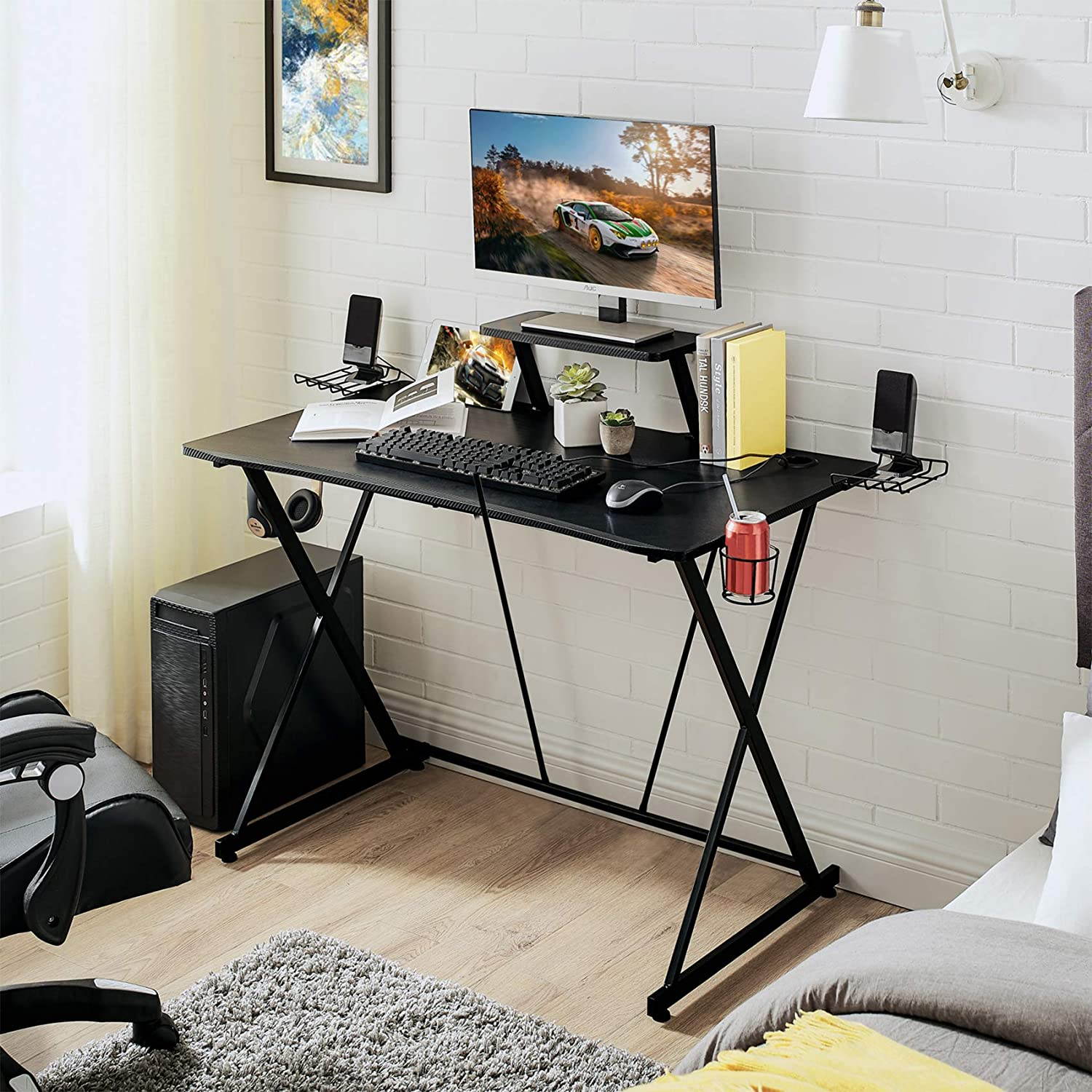 Gaming Desk 41.7" W x 23.6" D with Monitor Stand, Black Home Office Computer Desk with Cup Holder, Headphone Hook, Speaker Holders and Cable