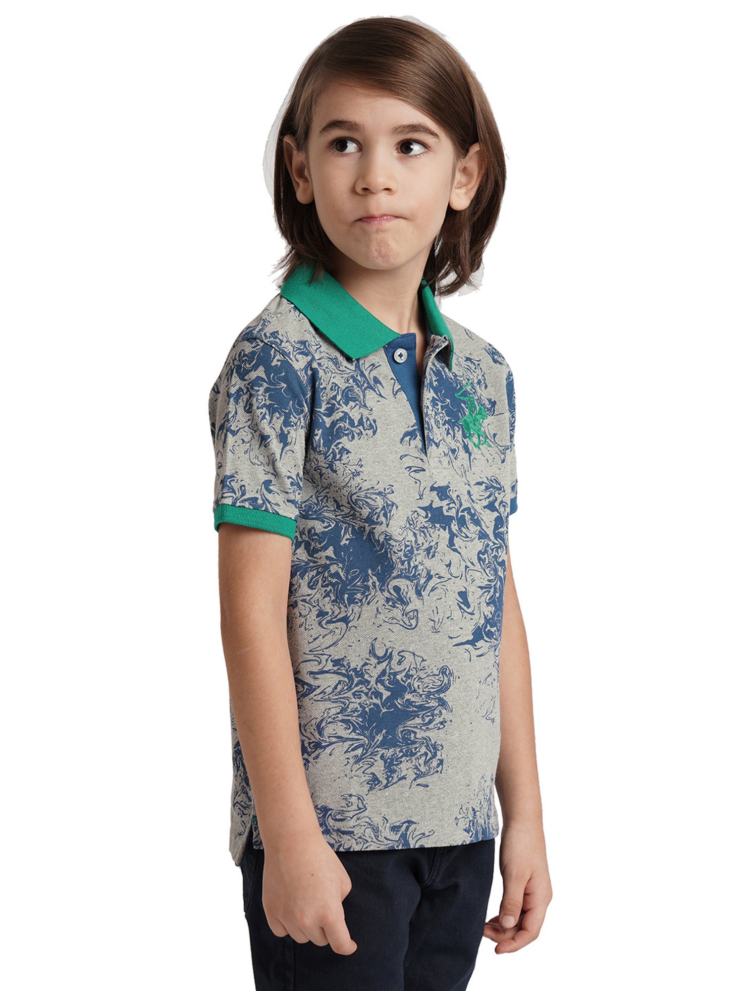 Beverly Hills Polo Club Kids Grey & Navy Printed Polo T-Shirt