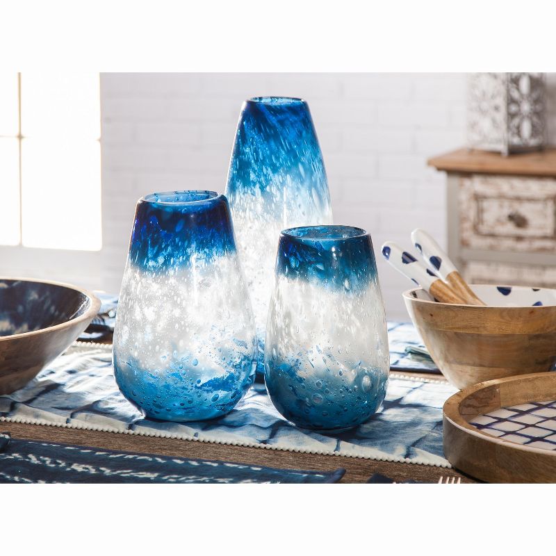 Lone Elm Studios Assorted-sized Artisanal Glass Vases in Milky White and Indigo Blue (Set of 3)