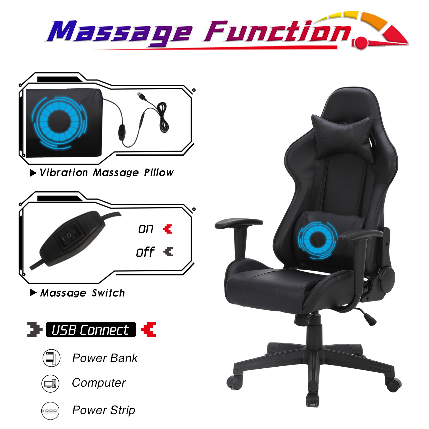 Racing Style Ergonomic Computer Gaming Chair Massage Chair with High-Back Swivel PU Leather, Seat Height Adjustable, and Lumbar & Head Support