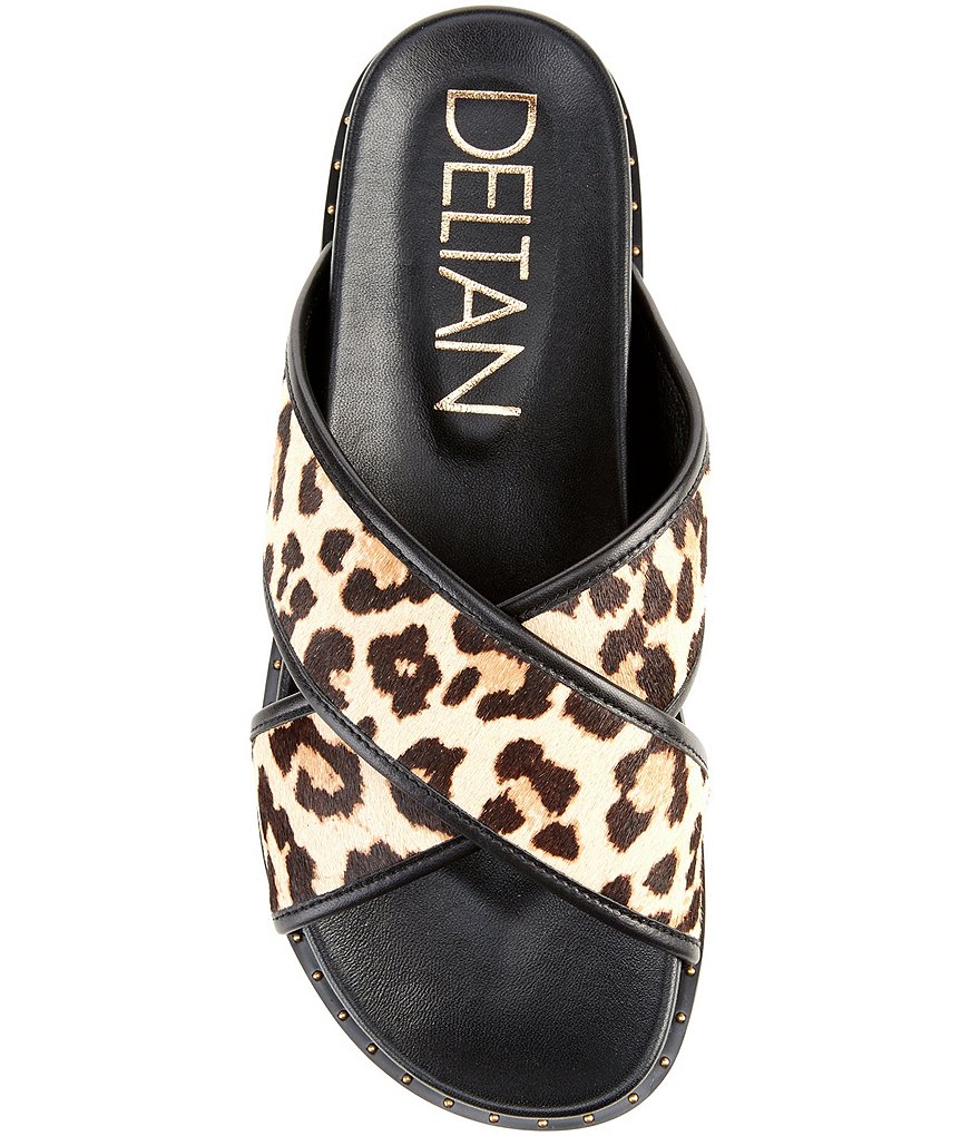 Deltan Nova Leopard Print Haircalf Cross Band Slides