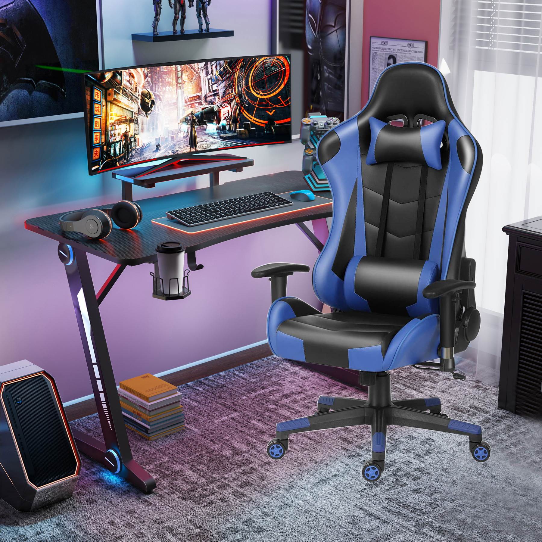 47.2 Inch Z-Shaped Gaming Desk with Ergonomic PU Leather Chair Home Office Desk and Chair Set Gamer Workstation with Monitor Stand Carbon Fiber Surface Gamer Table with RGB Lights and Cup Holder
