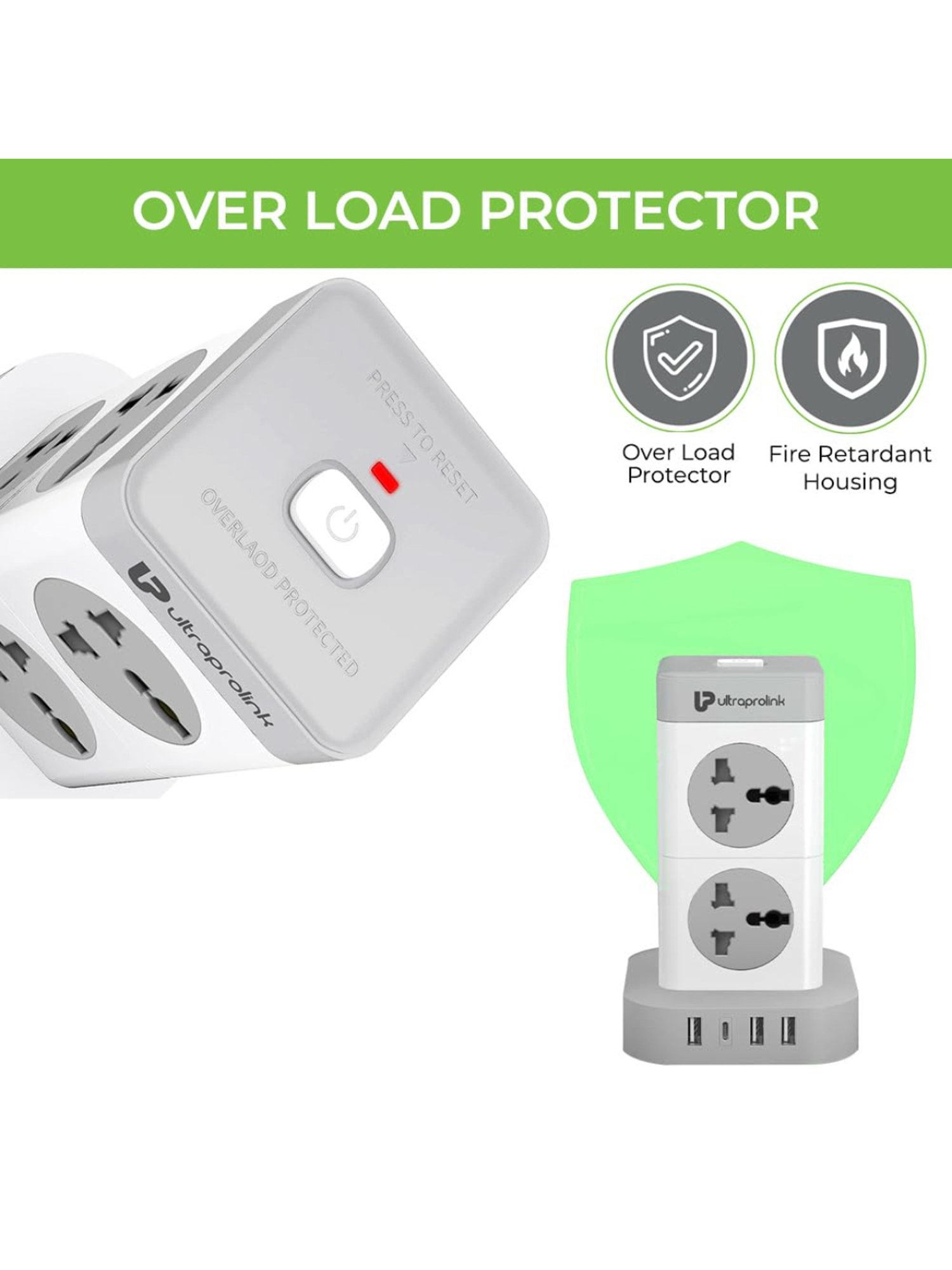 ULTRAPROLINK UM1155U Surge Protector & Spike Guard with 8 Sockets, 3 USB-A+1 Type C 3.4A (White)