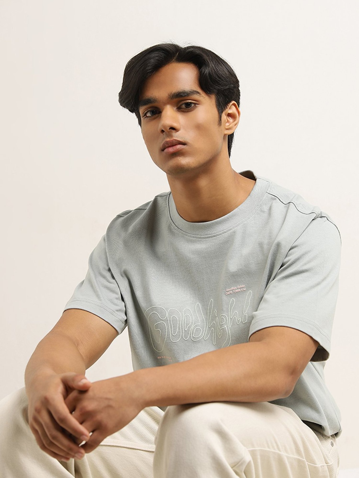 Nuon by Westside Grey Text Design Relaxed-Fit Cotton T-Shirt