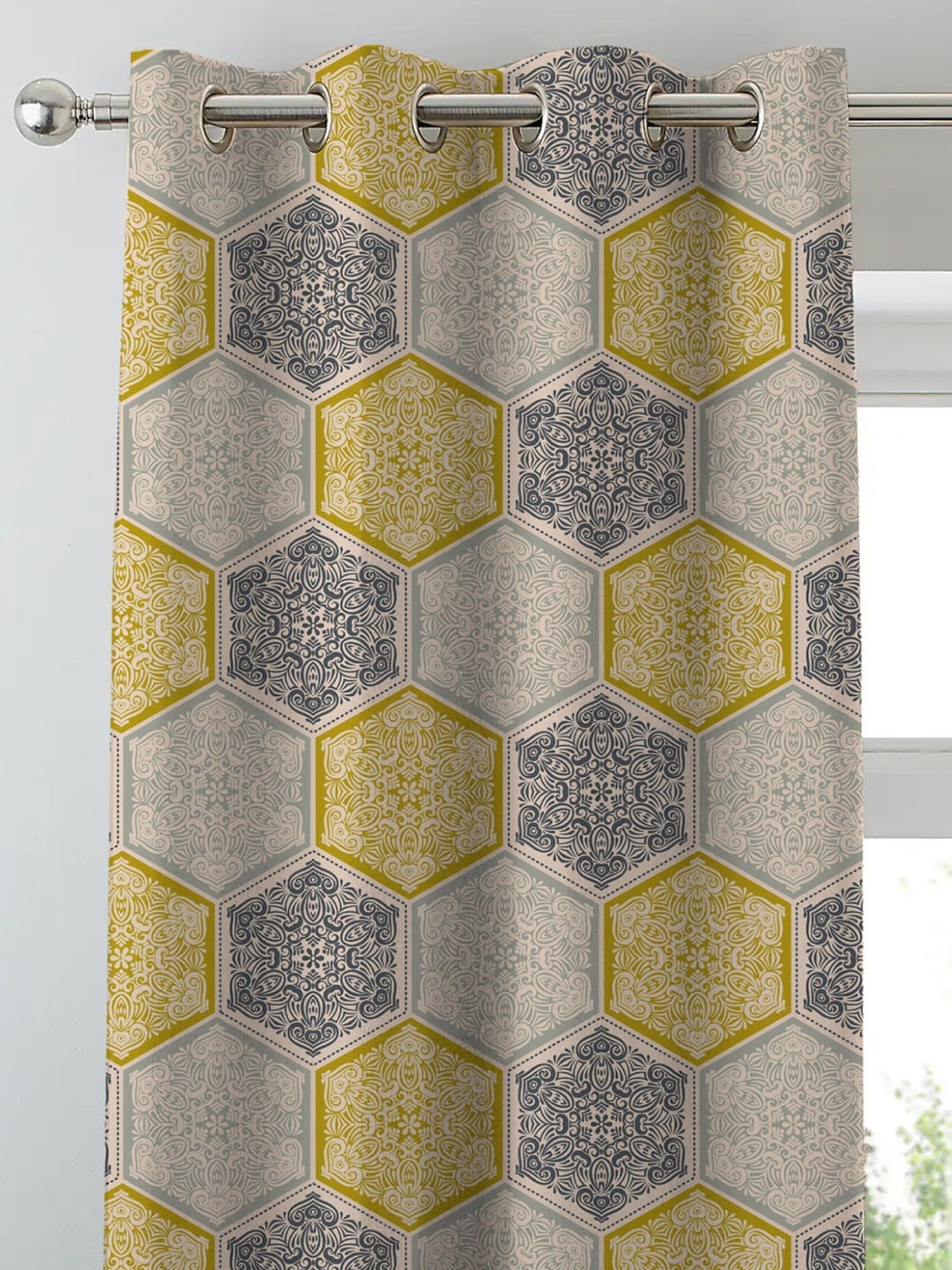 SPACES DRAPE STORY Elegent Yellow & Grey Polyester 8 FT Door Curtain - Set of 2