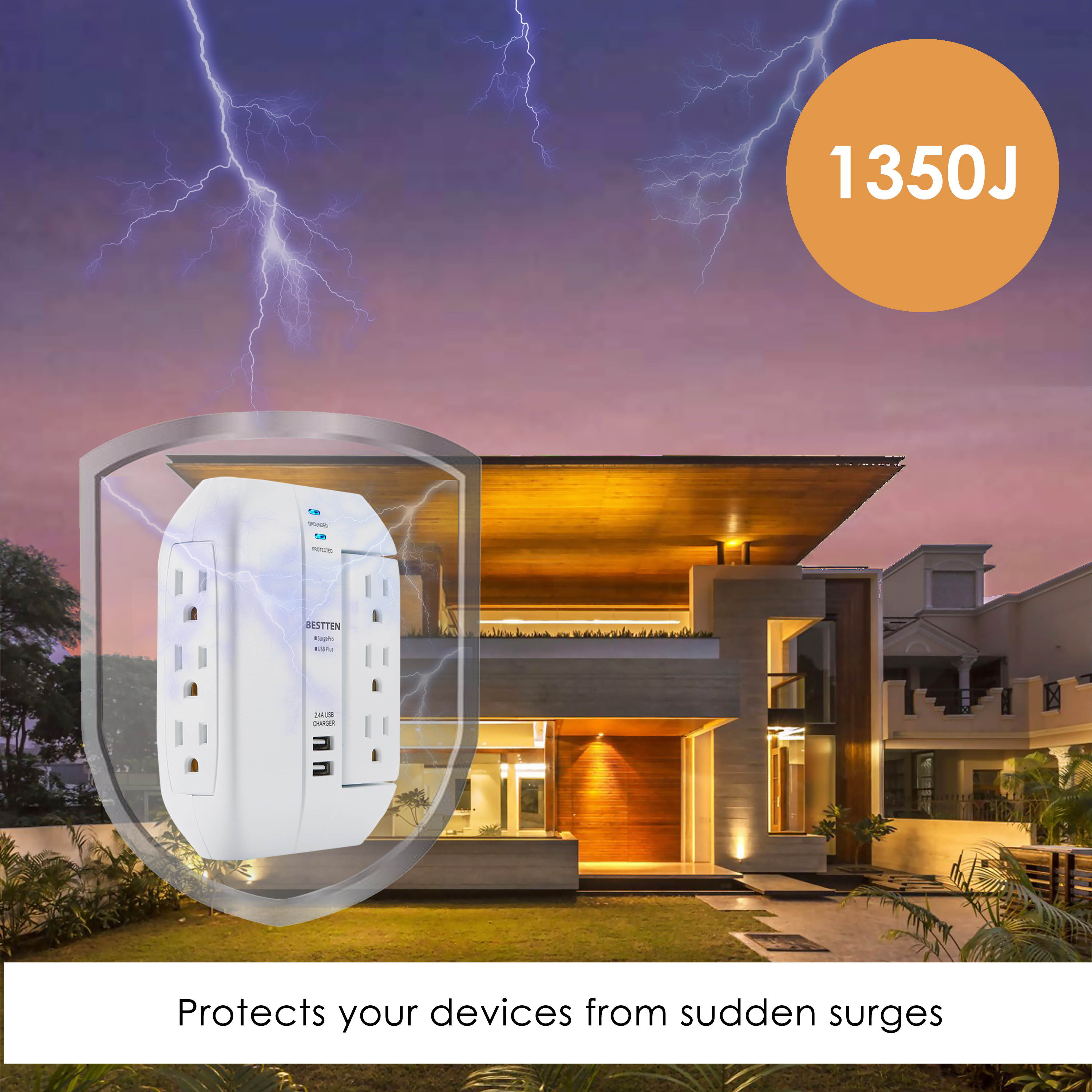 BESTTEN 6 Outlet (3 Swivel) Side Wall Tap Adapter, Surge Protector with 2 USB Charging Ports (2.4A total), 1350 Joule Surge Suppressor, ETL Certified, White