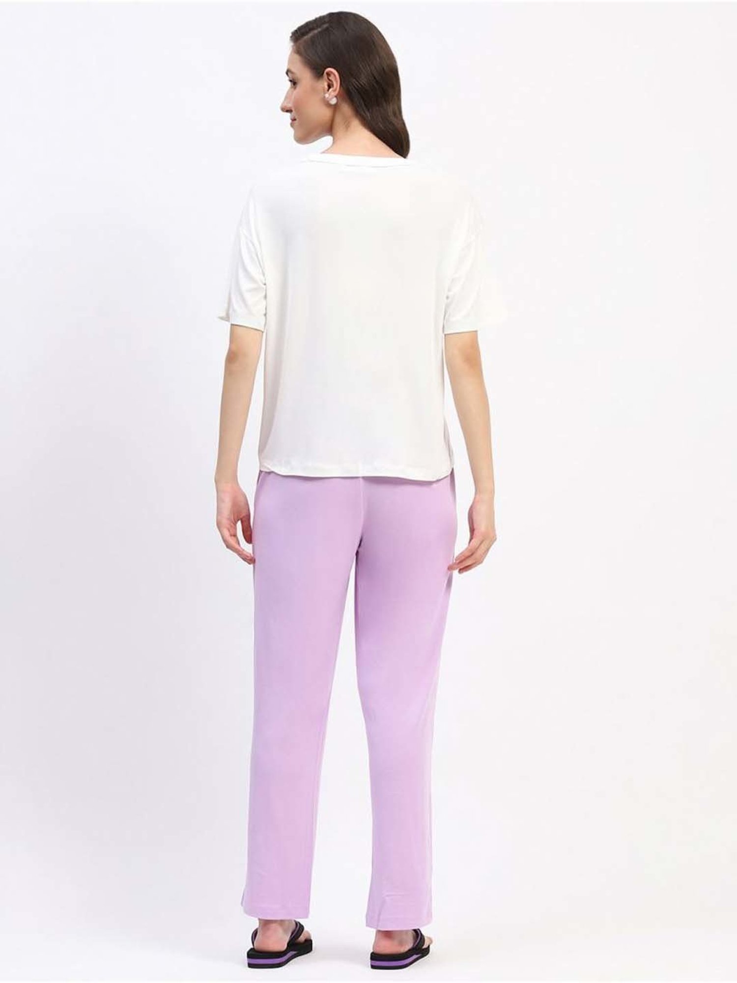 MADAME M Secret White & Purple Cotton Printed T-Shirt Pyjamas Set