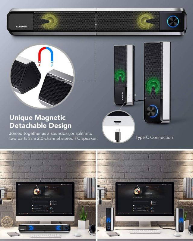 Computer Speakers, Bluetooth 5.0 PC Speakers with Stereo Sound Colorful LED Light Detachable 2 in1 Gaming Speakers Mini Soundbar 3.5mm for PC Cellphone Tablets Desktop Laptop