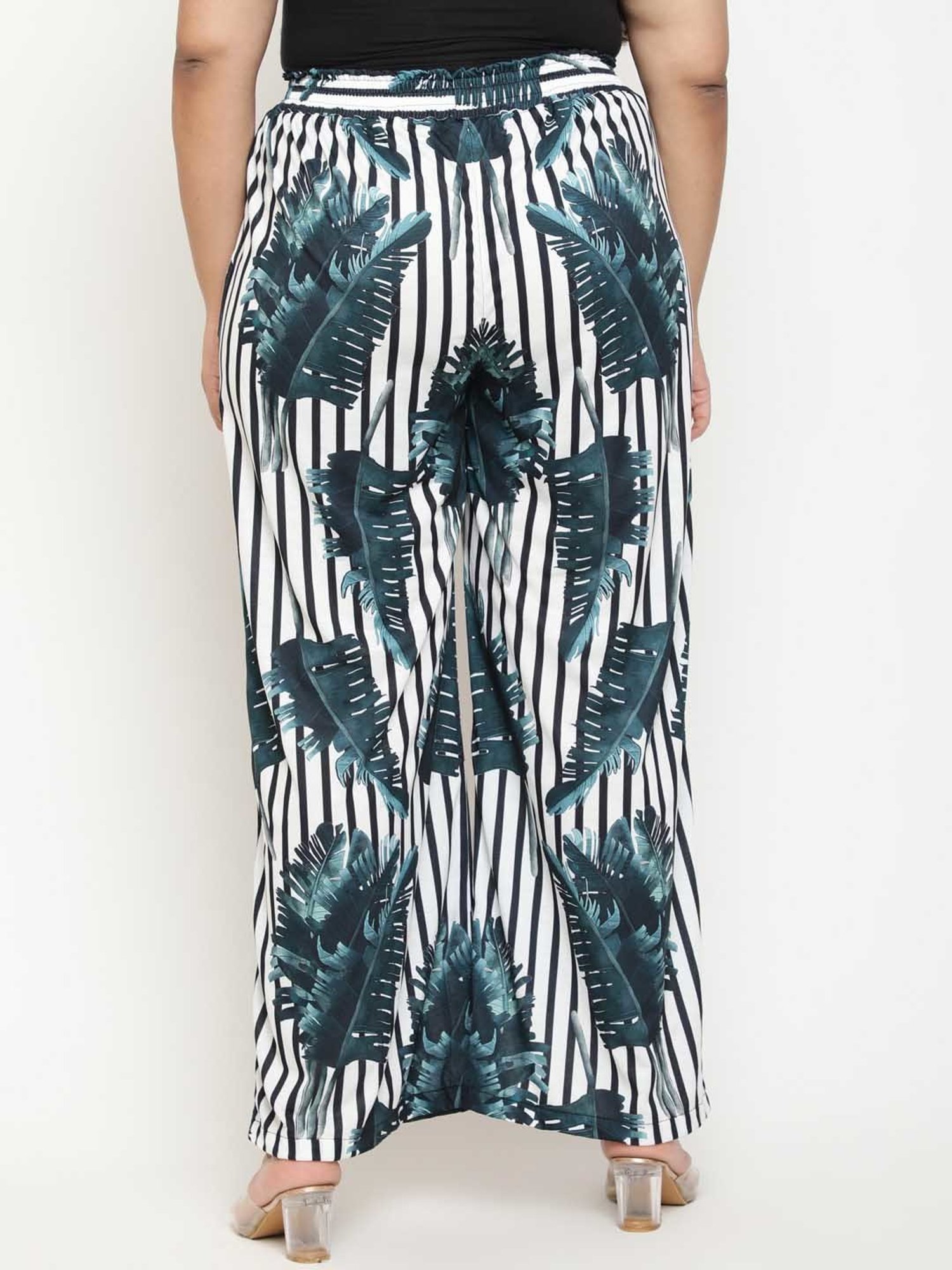 Amydus White & Green Printed Flared Fit High Rise Pants