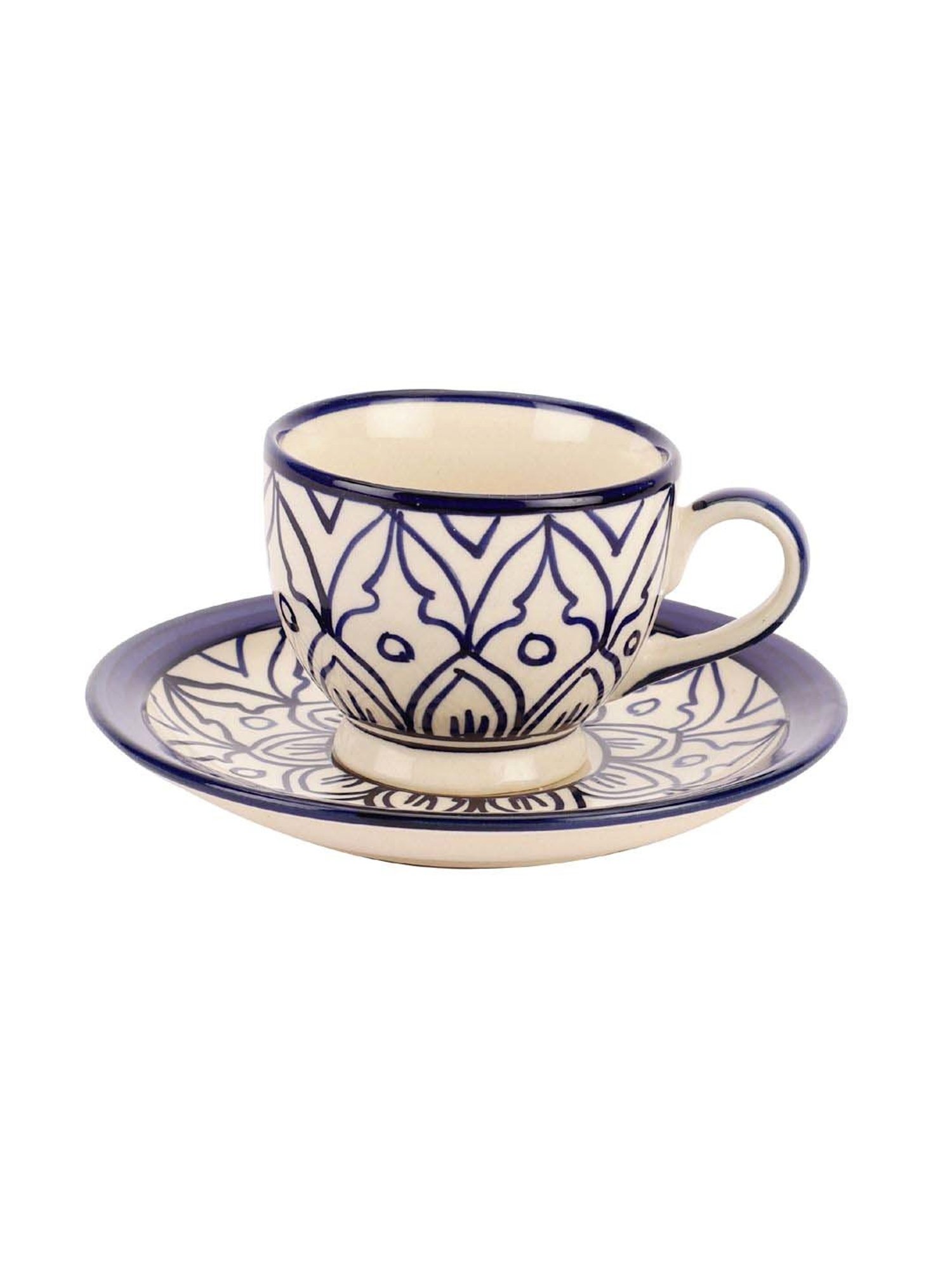 VarEesha Mehraab Off-White & Navy Ceramic Cup (0.12 L) with Saucer - Set of 6