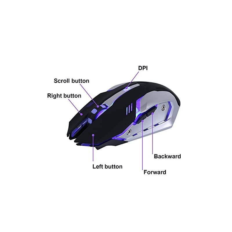 Wireless Rechargeable Gaming Mouse - USB Optical Mice with Silence Click, 3 Adjustable DPI, 6 Buttons, 7 Changing Breathing Backlight - GM07 Black