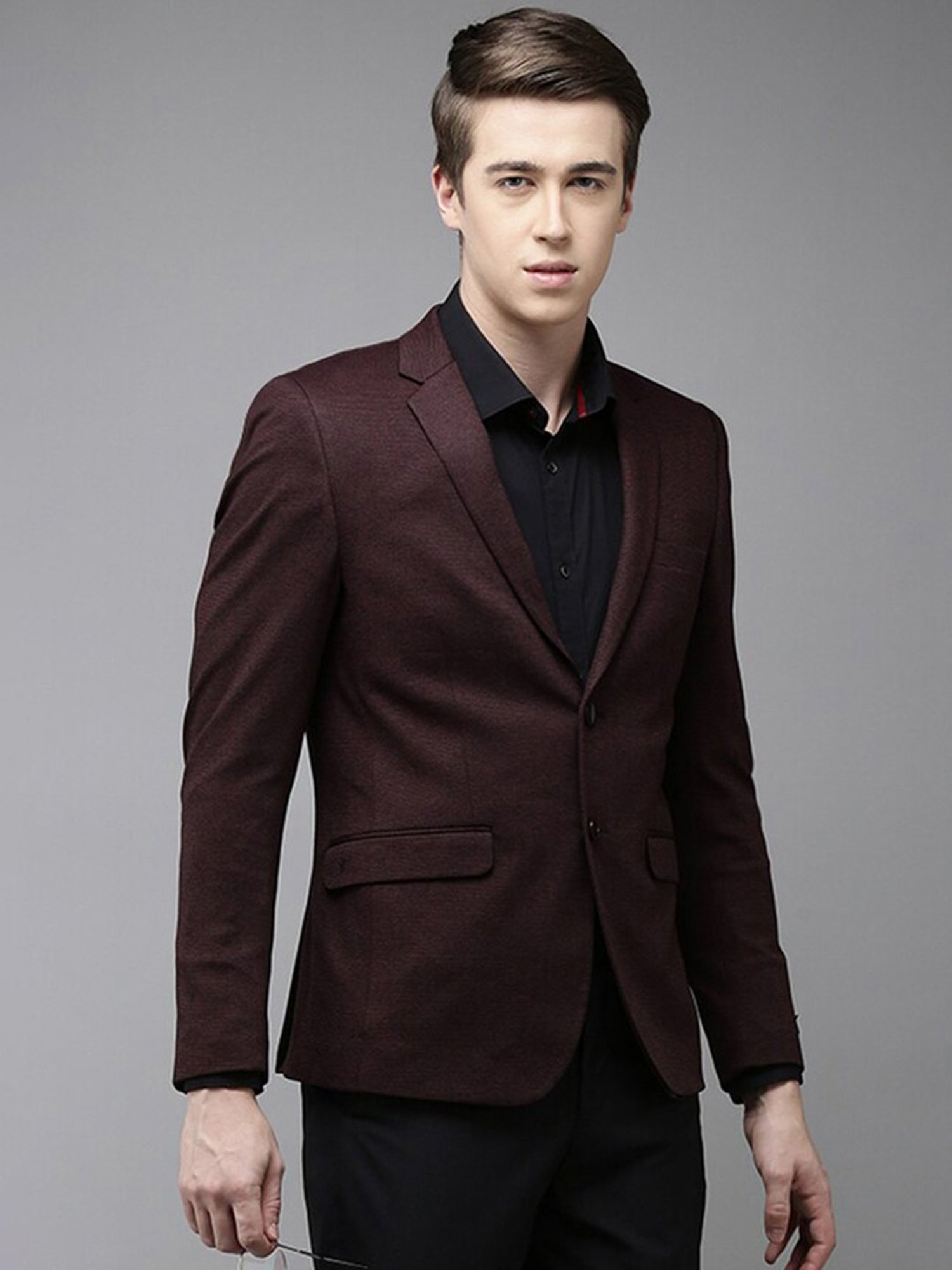 Van Heusen Maroon Slim Fit Check Notch Laple Blazer