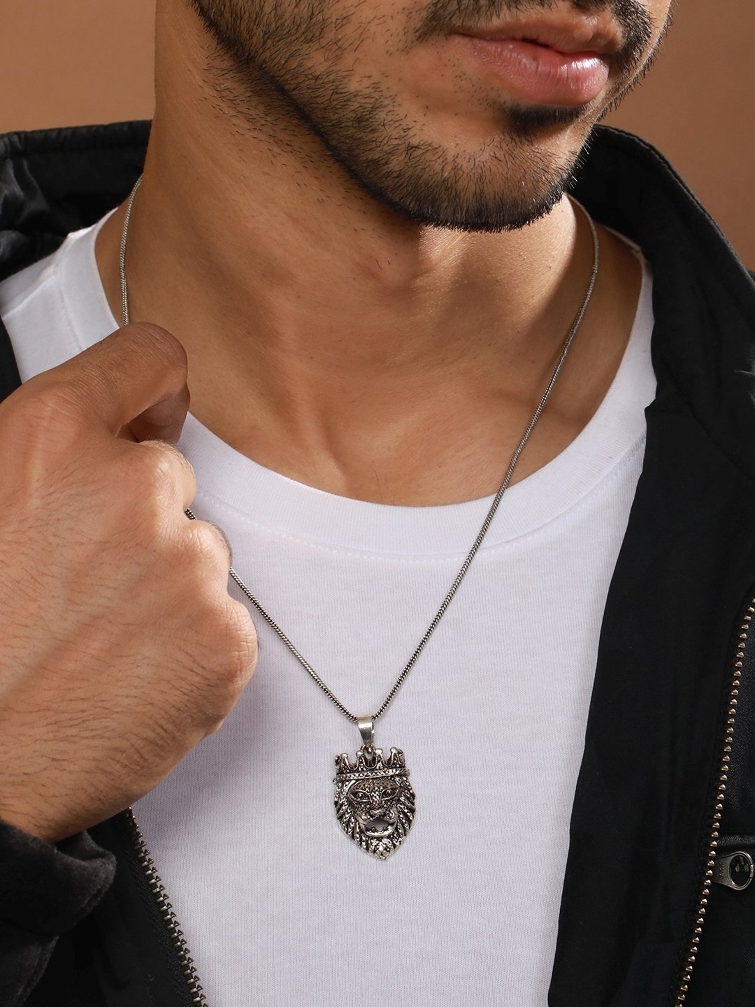 Bold by Priyaasi Crowned King Lion Black Casual Pendant With Chain for Men