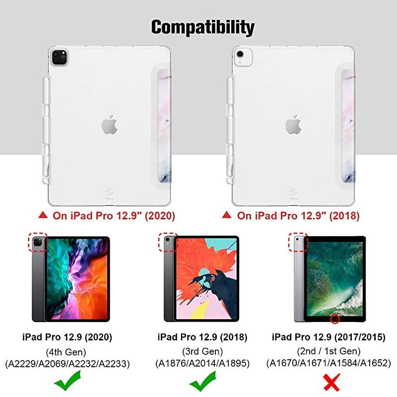 SlimShell Case for iPad Pro 129quot 4th amp 3rd Generation 20202018 with Pencil Holder Lightweight Cover Translucent Frosted Stand Hard Back Auto WakeSleep Marble Pink