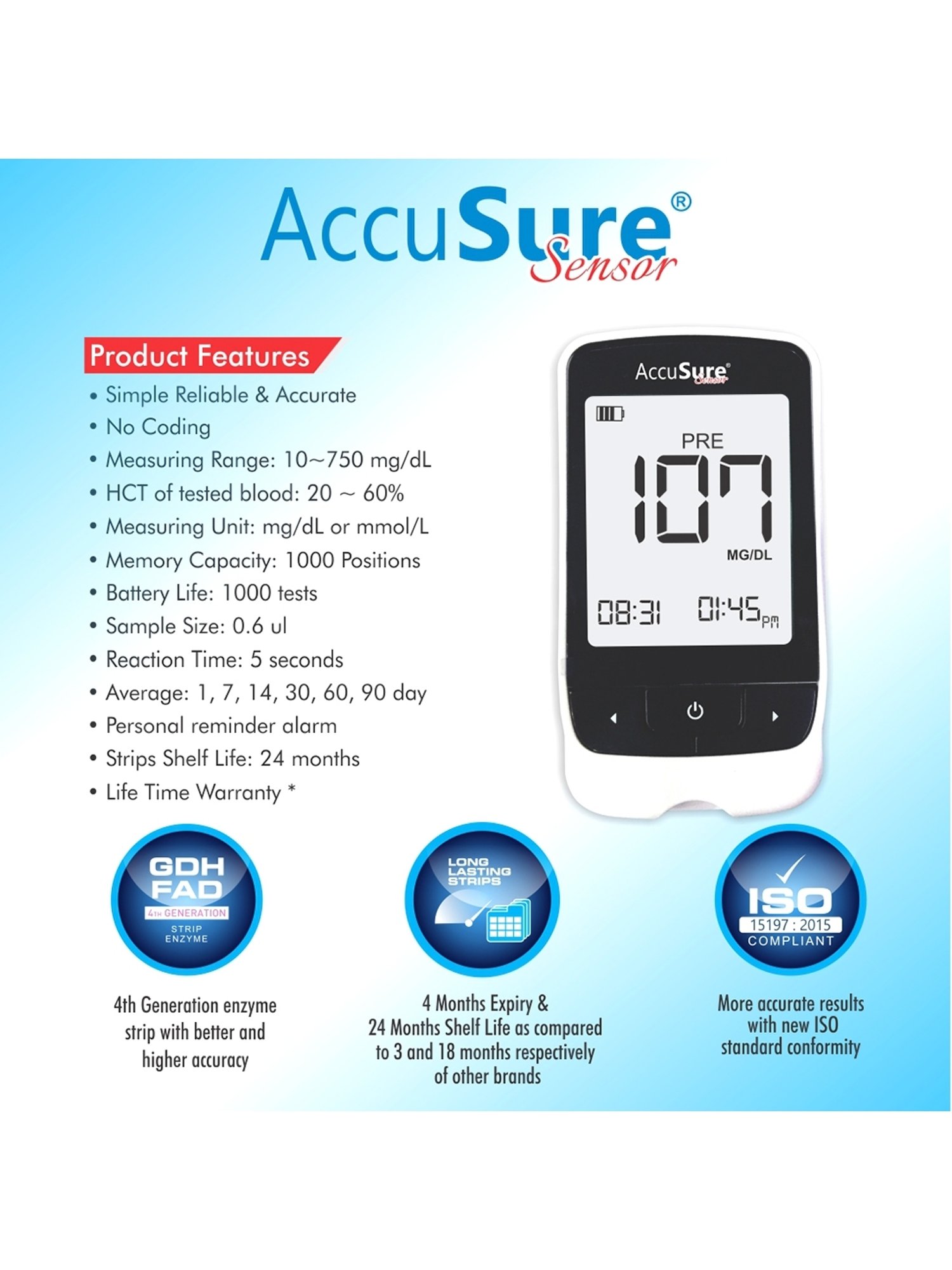 Accusure Sensor Glucometer Machine With 25 Test Strips (Black)