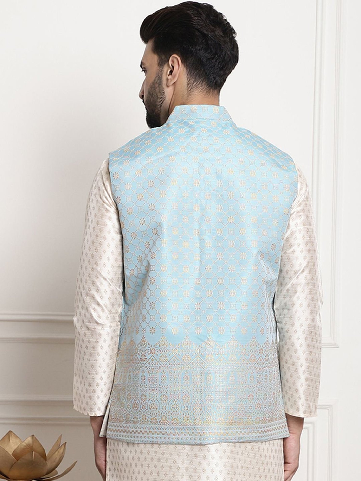 Sojanya Sky Blue Regular Fit Jacqard Nehru Jacket