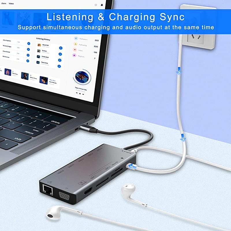 USB C Docking Station,  13-in-1 USB-C HUB, MacBook Type-C Adapter with 4K HDMI, VGA, PD, Ethernet, 3USB 2.0, 2USB 3.0, 3SD/TF Card Slots, Audio, for MacBook/HP/Dell/Surface/Lenovo Laptop