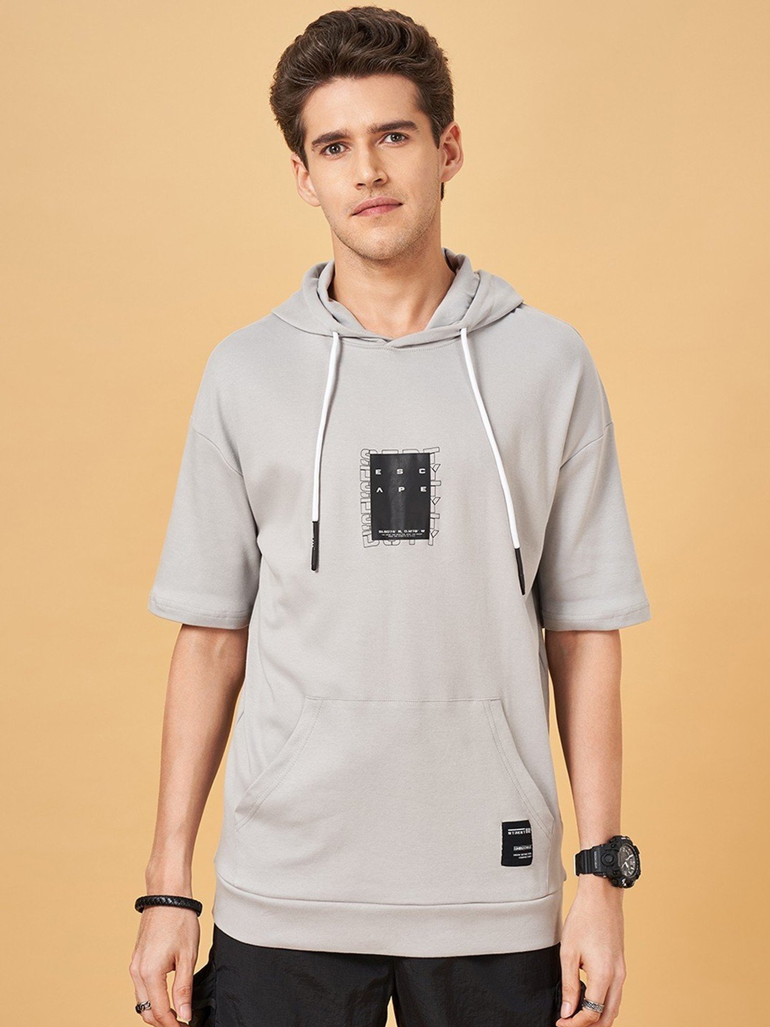Street 808 By Pantaloons Steel Gray Loose Fit Hooded T-Shirt