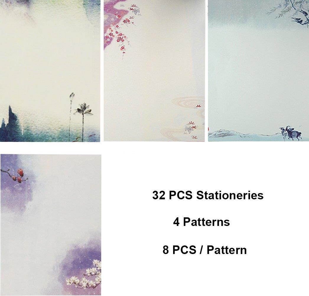 Letter Writing Stationery Paper and Envelopes Set, Ink Painting Design Assorted Color (32 Pcs Stationery Paper + 32 Pcs Envelopes)