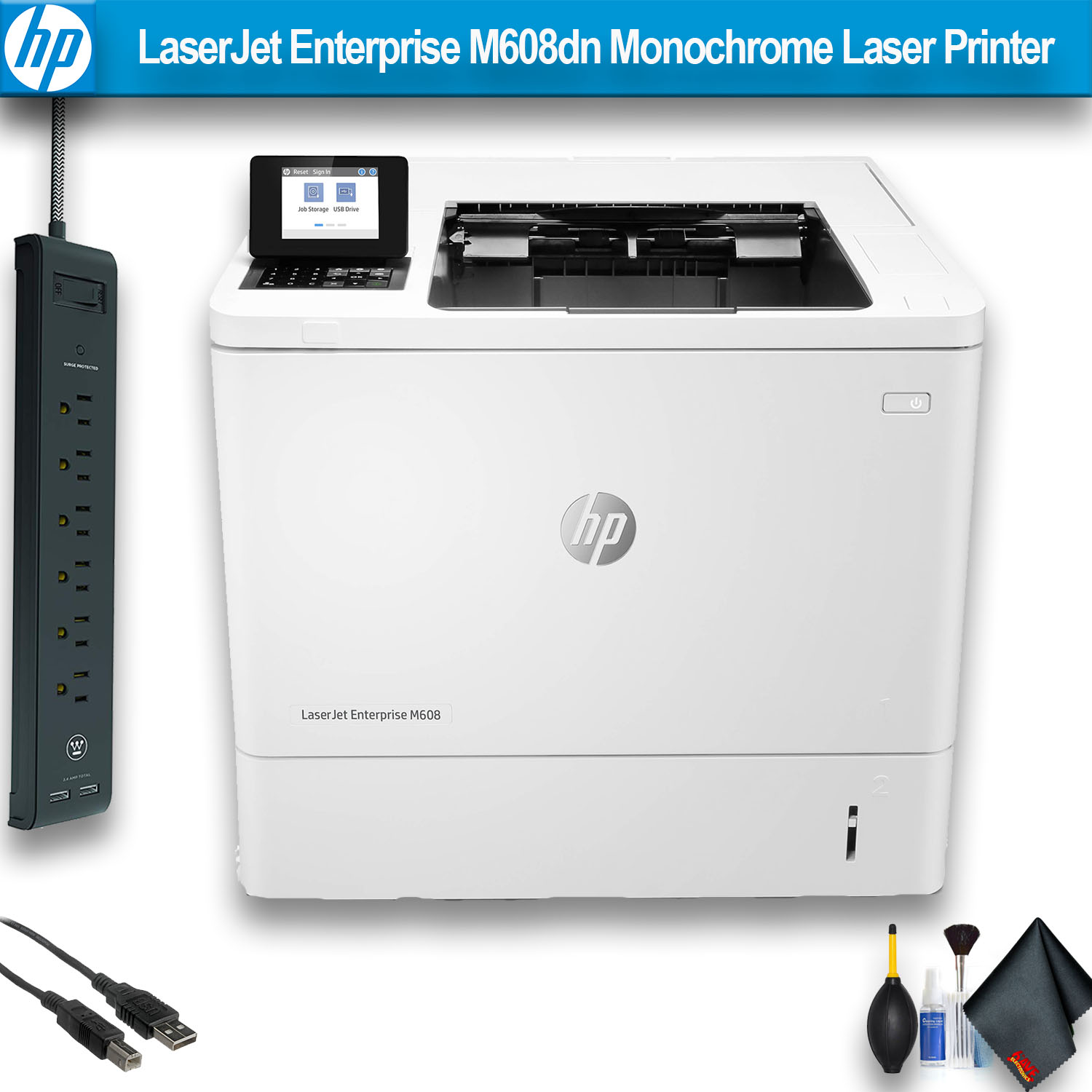 HP LaserJet Enterprise M608dn Monochrome Laser Printer Office Bundle