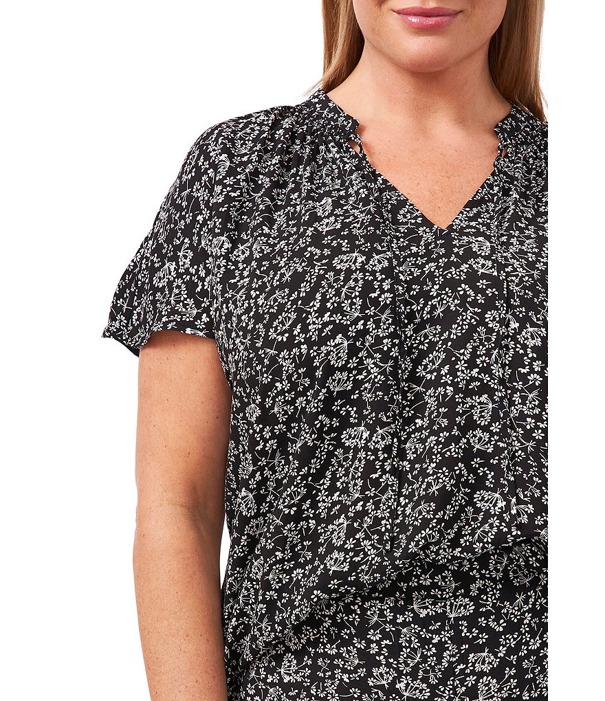 CeCe Plus Size Short Sleeve Ditsy Floral Tie Split V-Neck Top