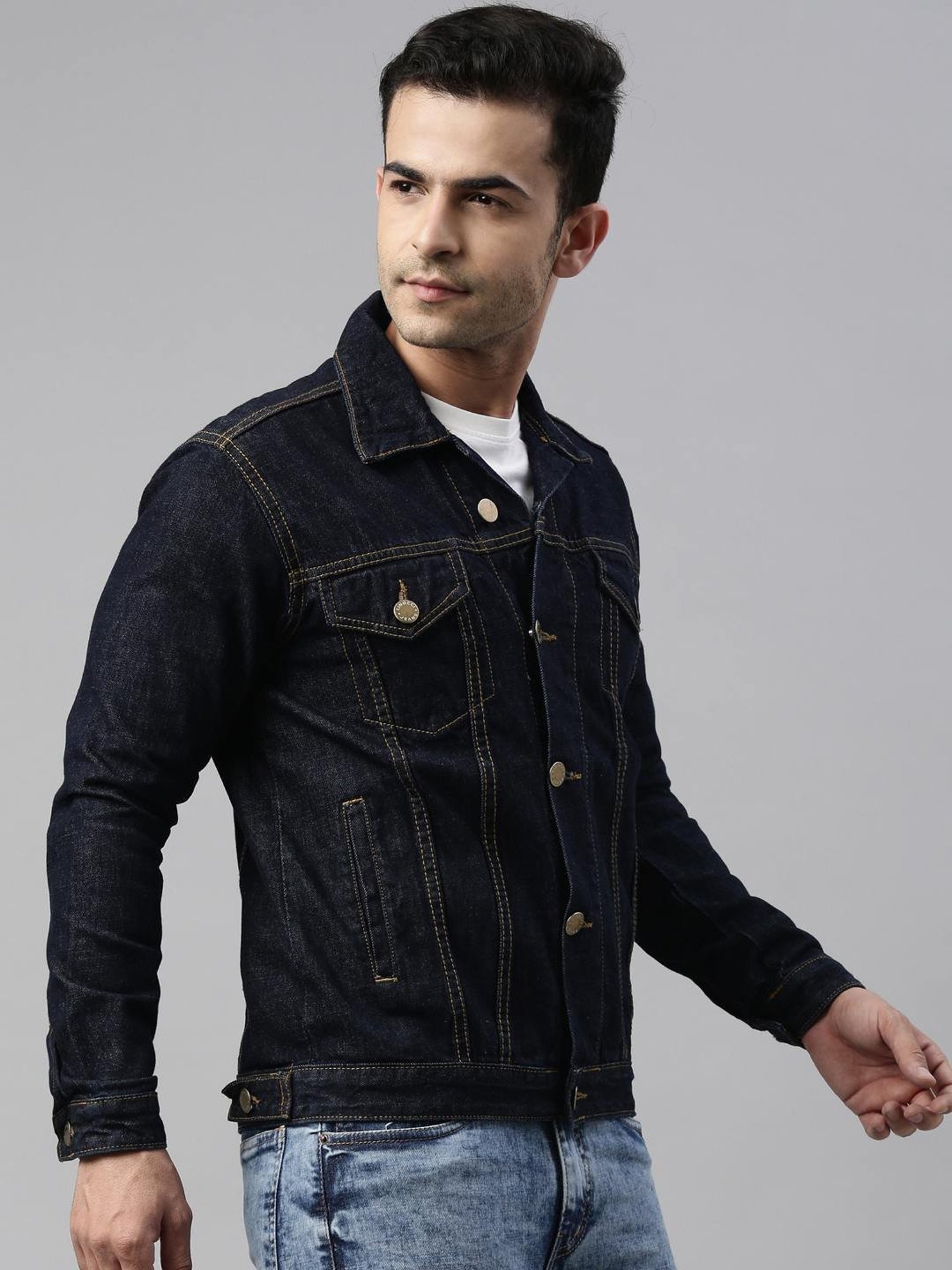 CINOCCI Navy Blue Cotton Slim Fit Denim Jacket