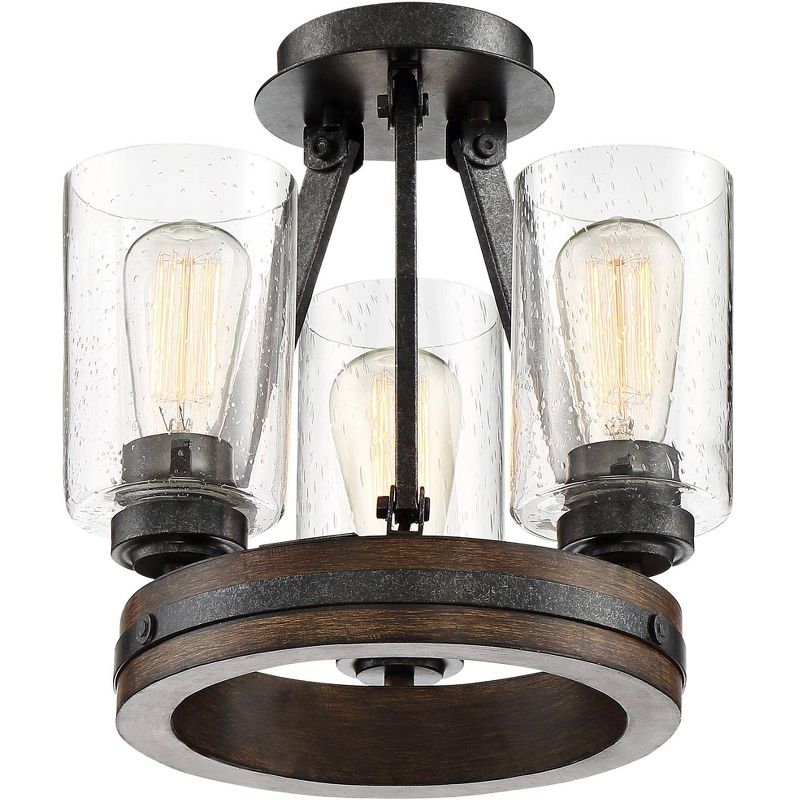 Franklin Iron Works Industrial Ceiling Light Semi Flush Mount Fixture Iron Gray 12" Wide 3-Light Faux Wood Seeded Glass Bedroom