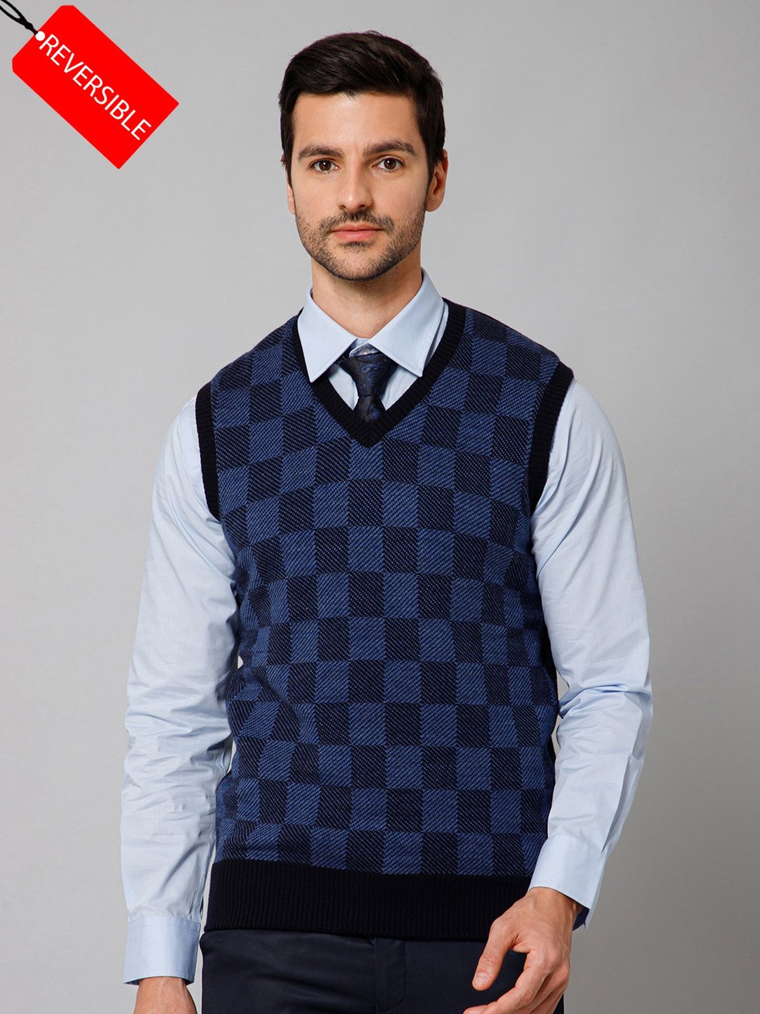 Cantabil Navy & Black Regular Fit Check Reversible Sweater