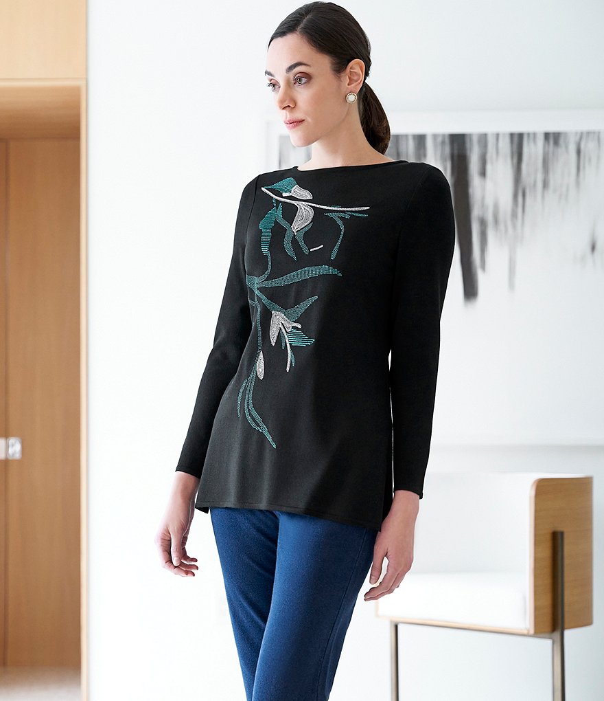 Ming Wang Floral Embroidery Long Sleeve Boat Neck Knit Tunic
