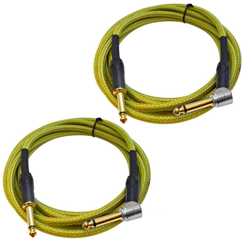 Seismic Audio - SASGC-OL-OL10 - 2 Pack of 10 Foot Supreme Guitar or Instrument Cables - Light Green Woven Tweed Jacket- 10' Pro Audio 1/4 Inch TS Straight to Right Angle Guitar Cords
