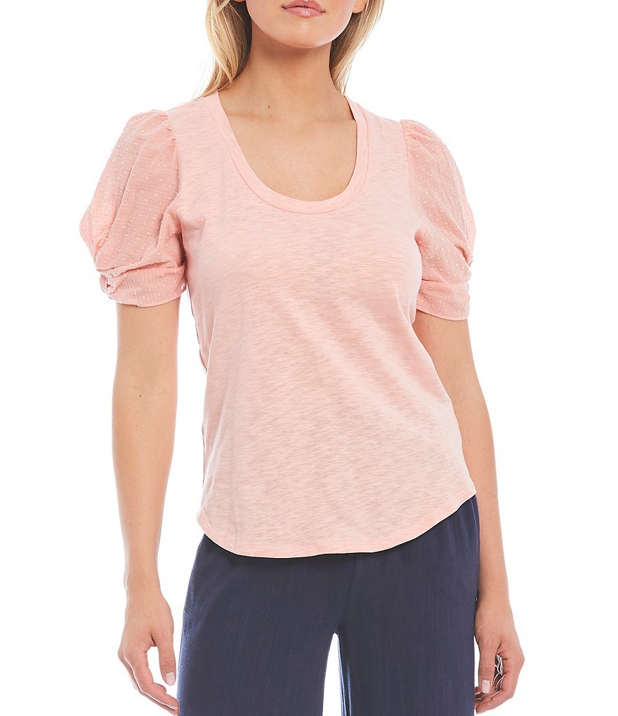 Shabby Chic Slub Knit Scoop Neck Puff Sleeve Zia Top